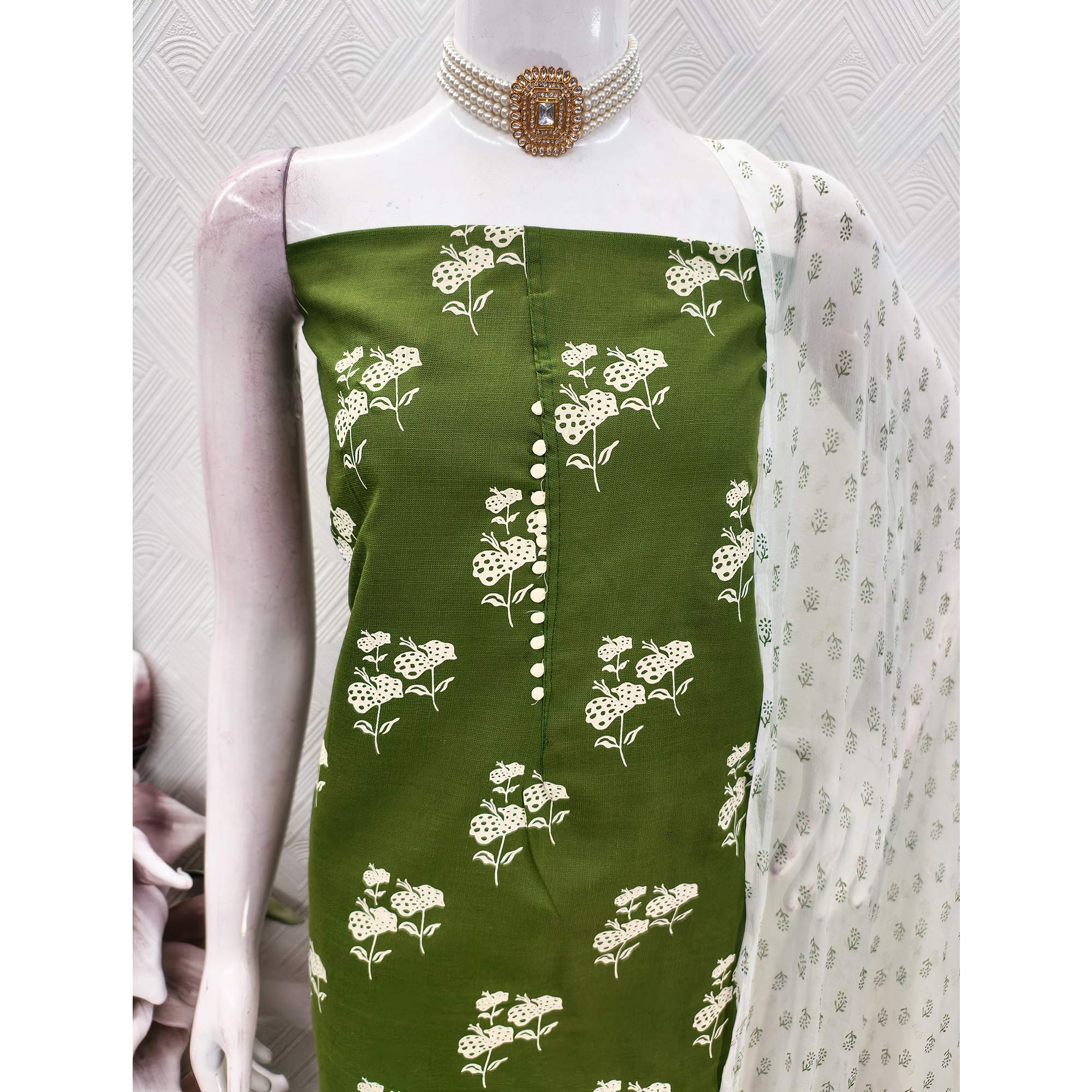 Dark Green Cotton Blend Fabric Featuring Subtle and Elegant Floral Prints - Image 6