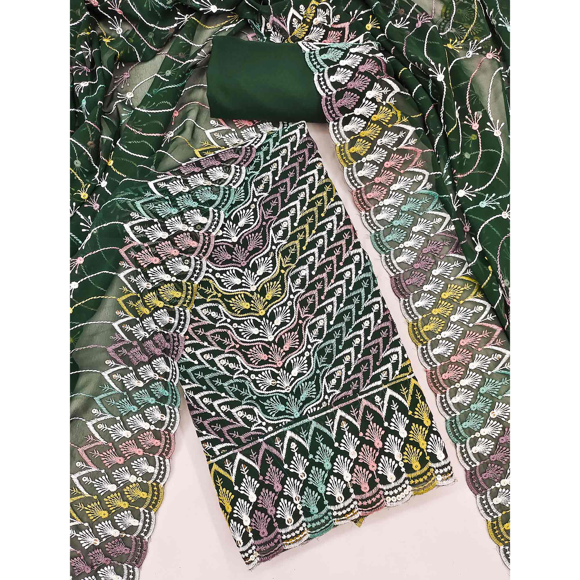 Dark Green Dress Material In Rich Jacquard With Intricate Heavy Embroidery - Image 3