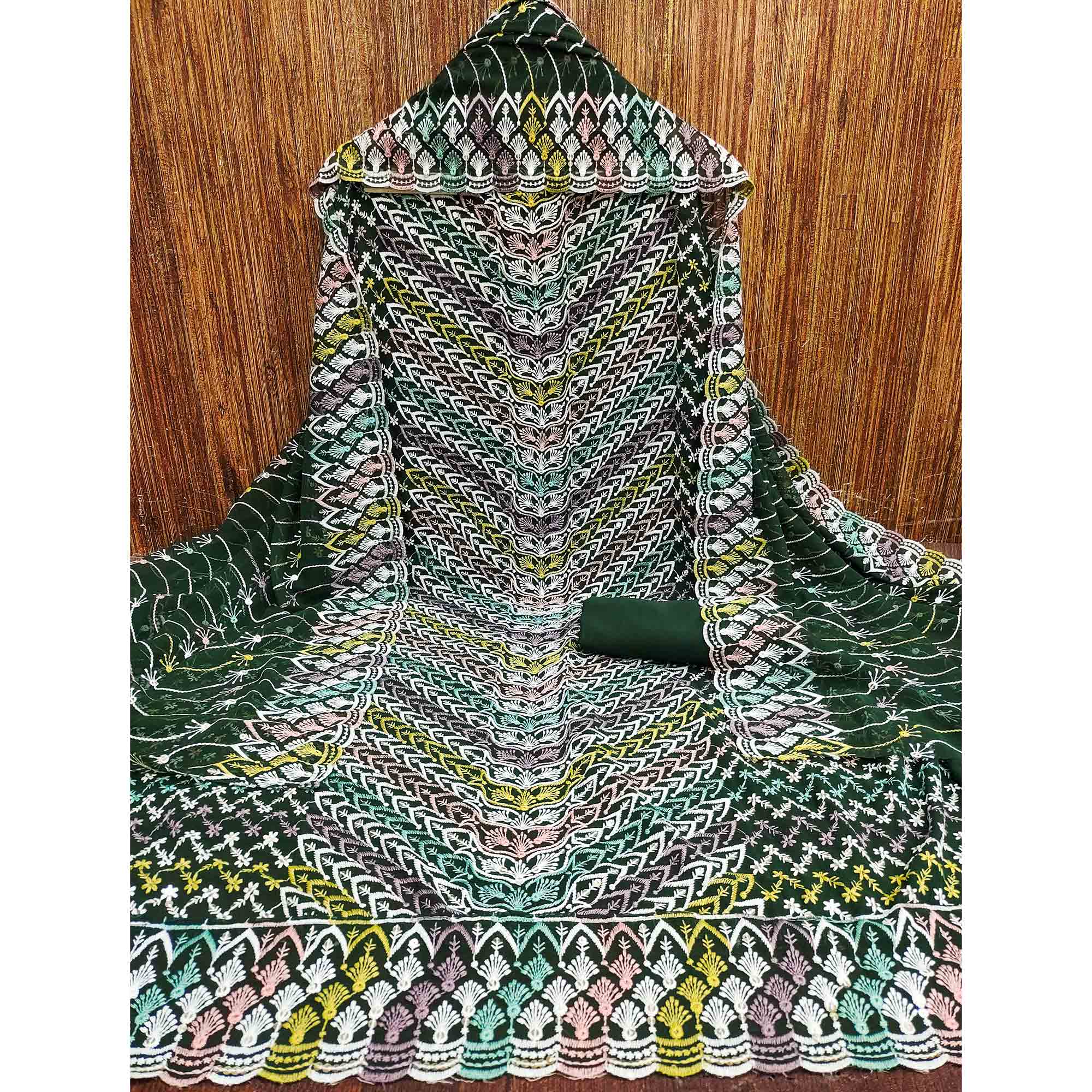 Dark Green Dress Material In Rich Jacquard With Intricate Heavy Embroidery - Image 4
