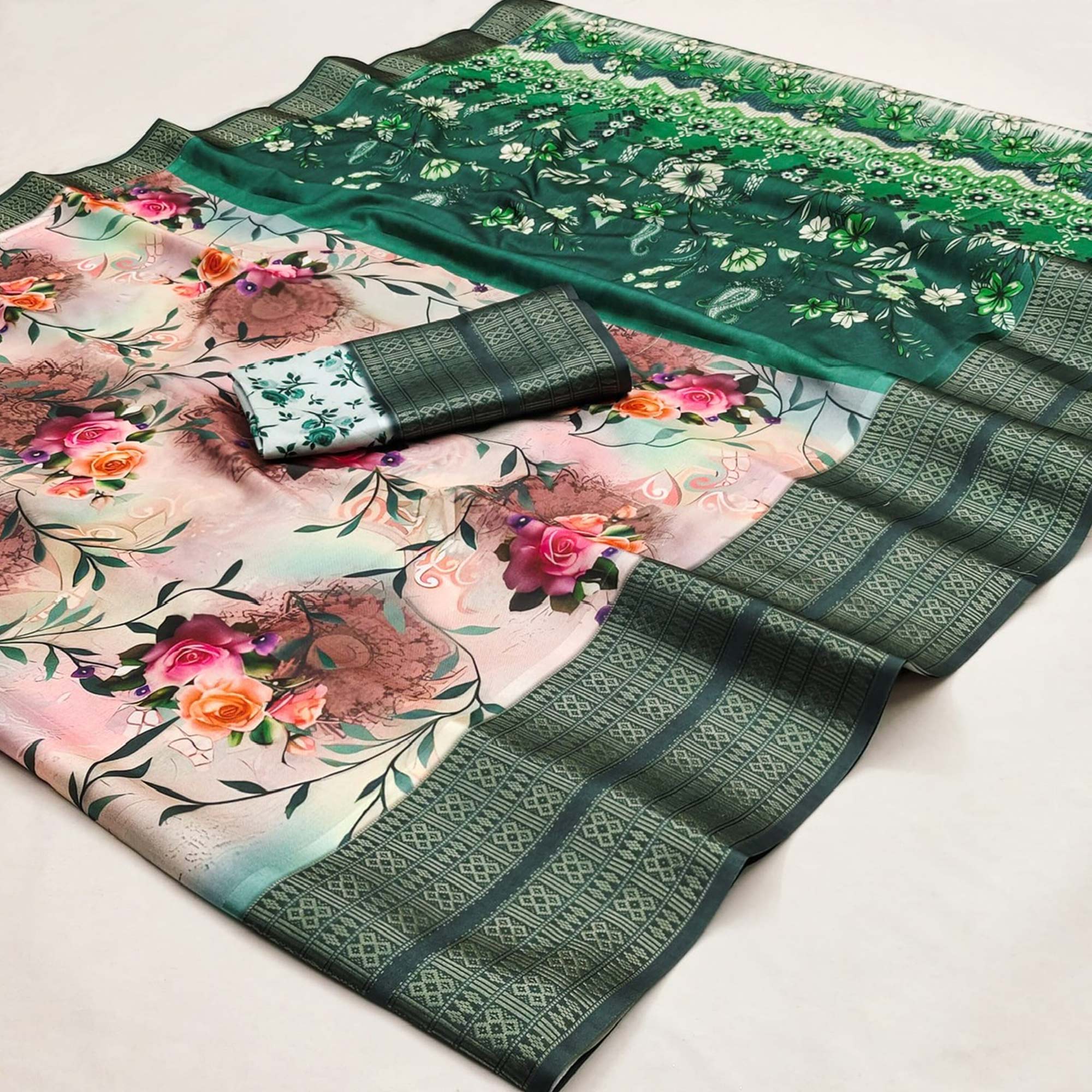 Dark Green Floral Digital Printed Cotton Silk Saree - Image 3