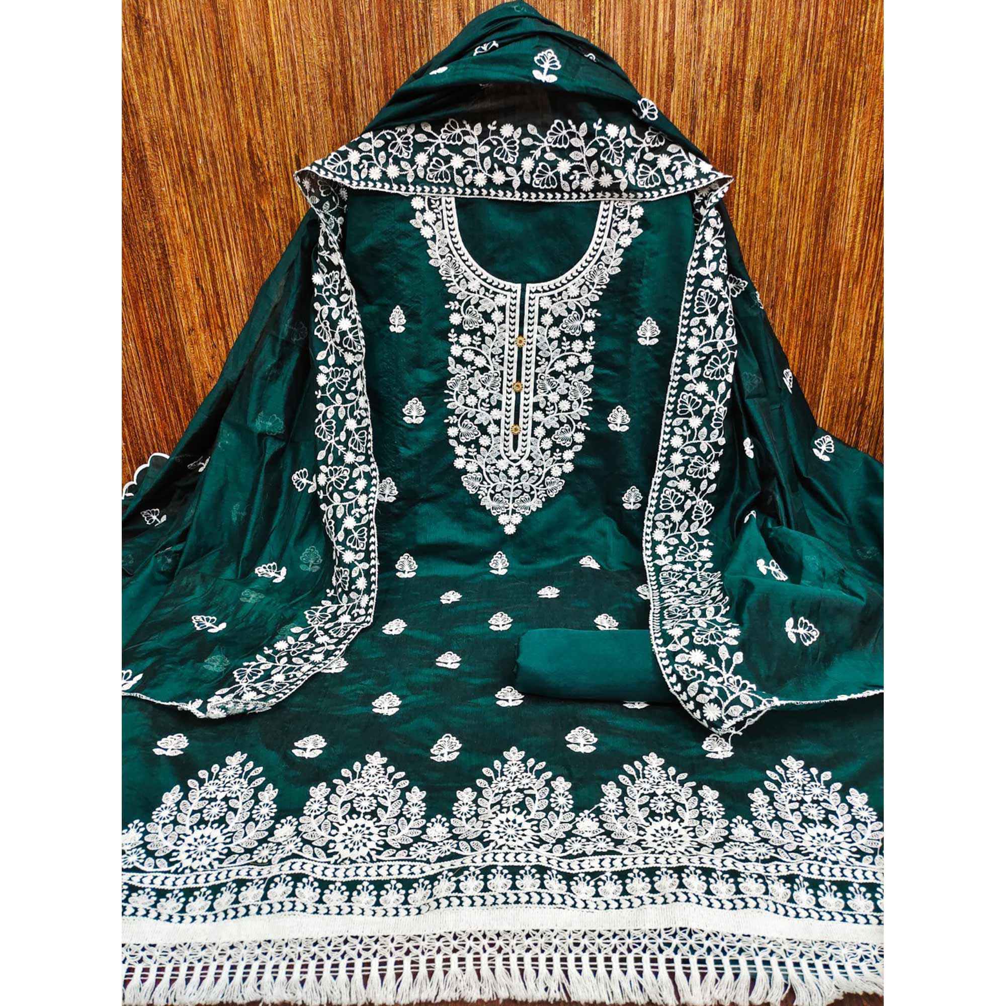 Dark Green Floral Embroidered Chanderi Cotton Dress Material - Image 3