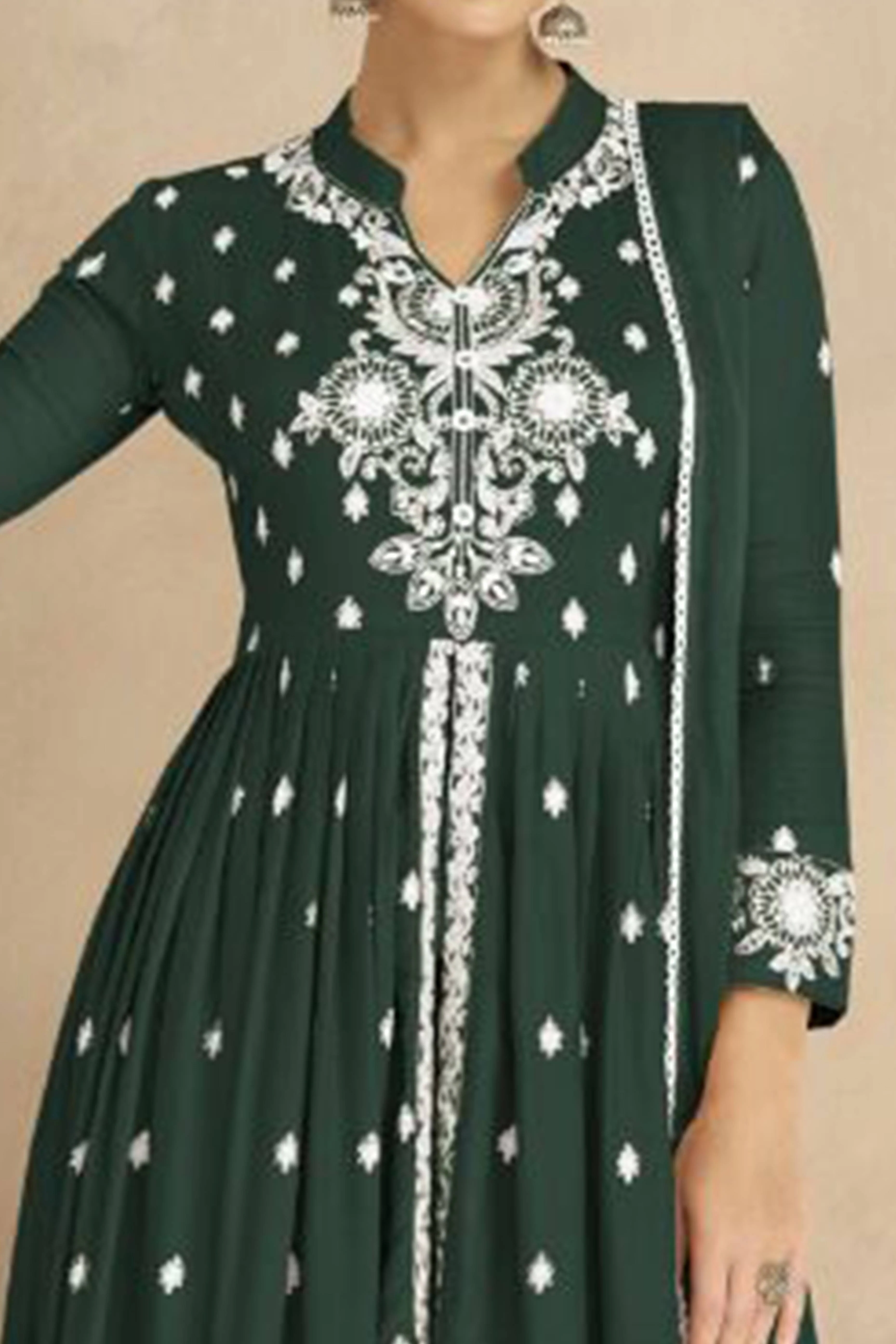 Dark Green Floral Embroidered Rayon Palazzo Suit - Image 2