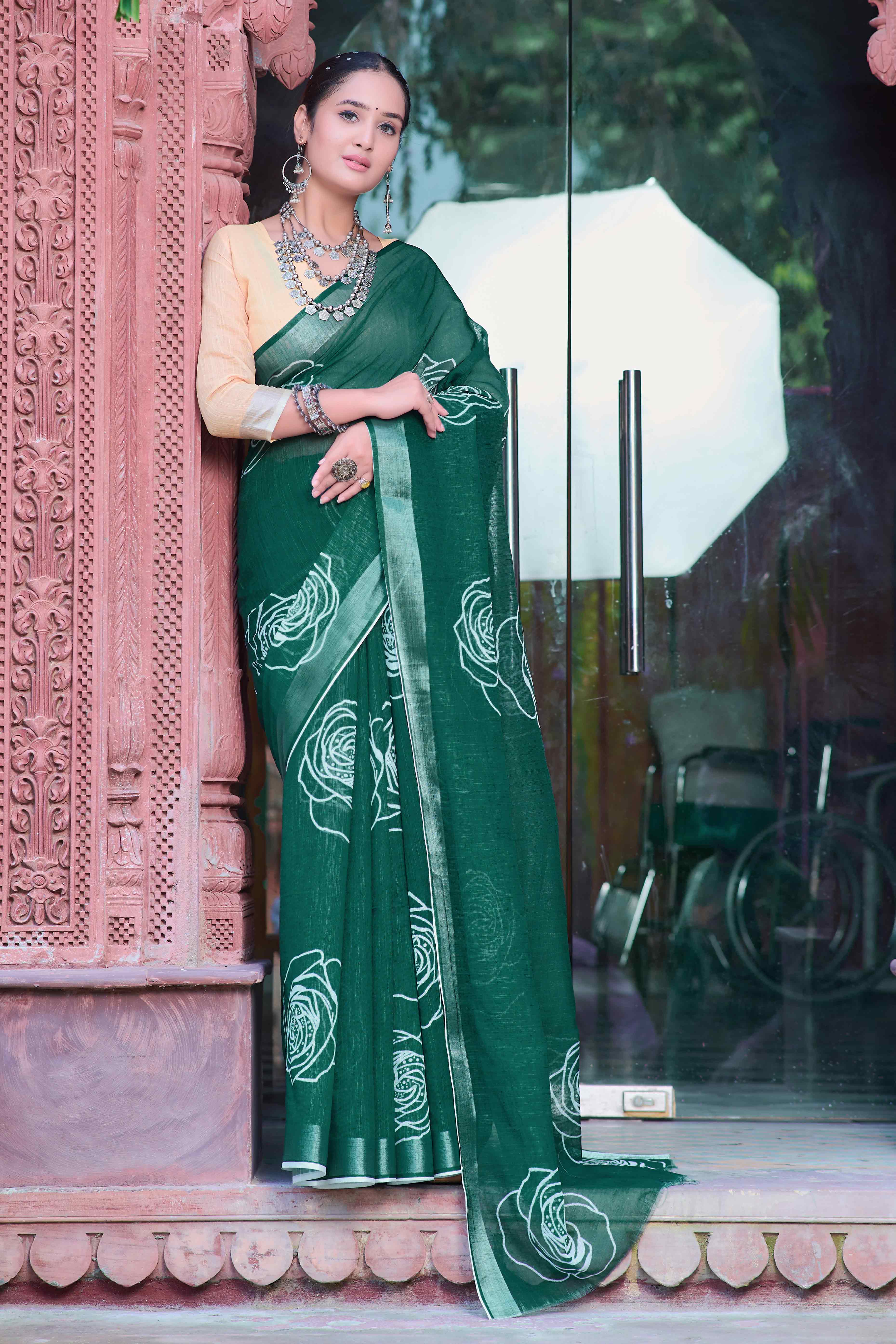 Dark Green Floral Printed Linen Saree - Image 3