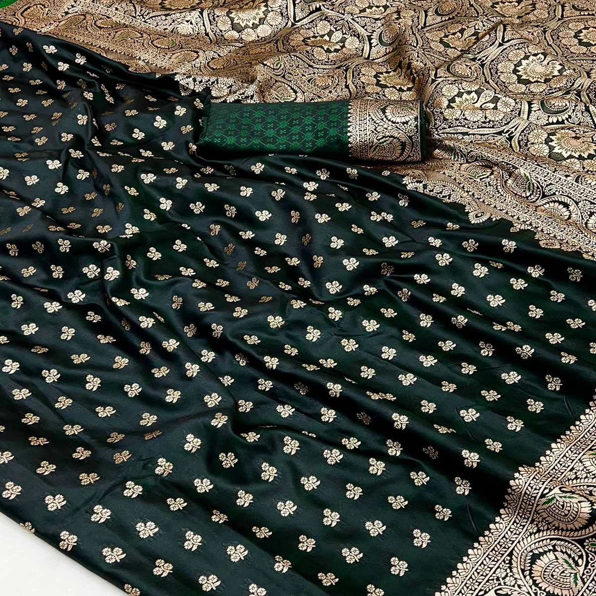 Dark Green Floral Woven Satin Silk Saree With Zari Border - Image 2