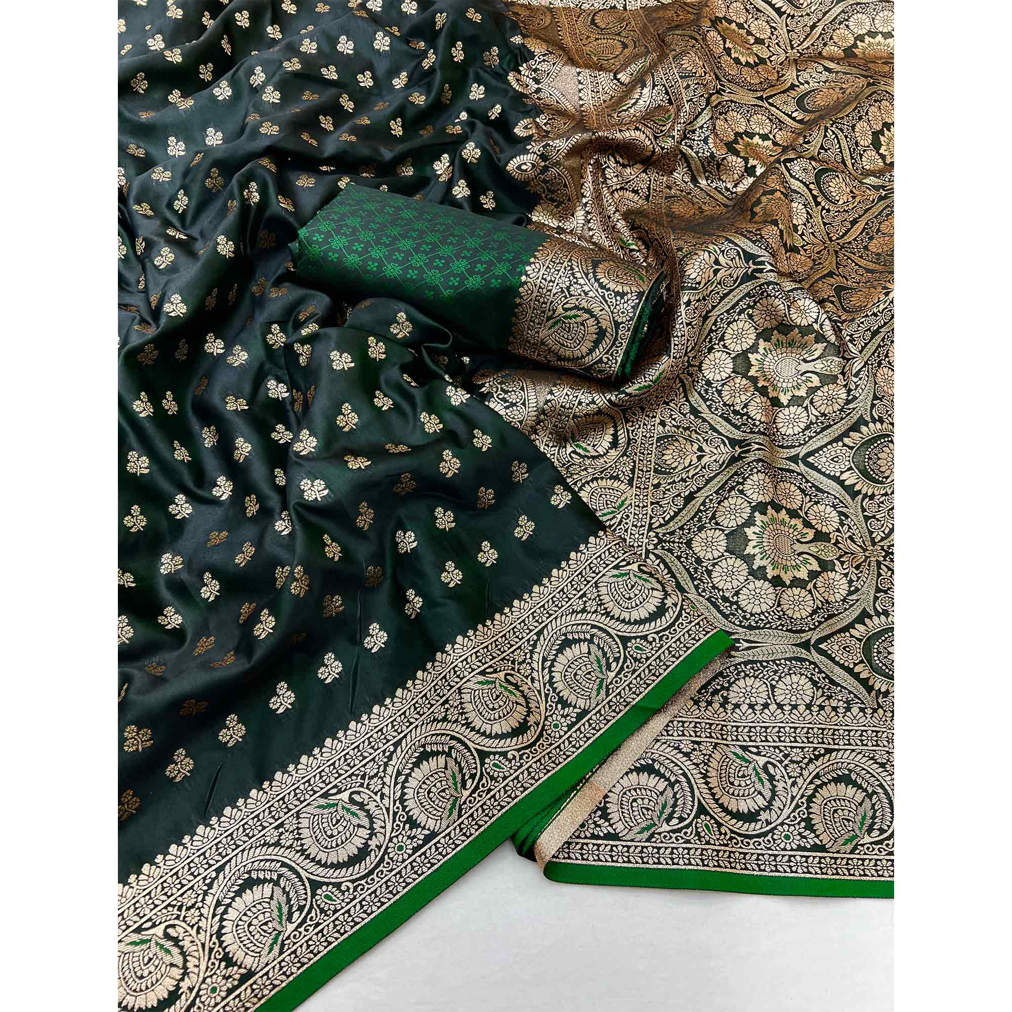 Dark Green Floral Woven Satin Silk Saree With Zari Border - Image 3