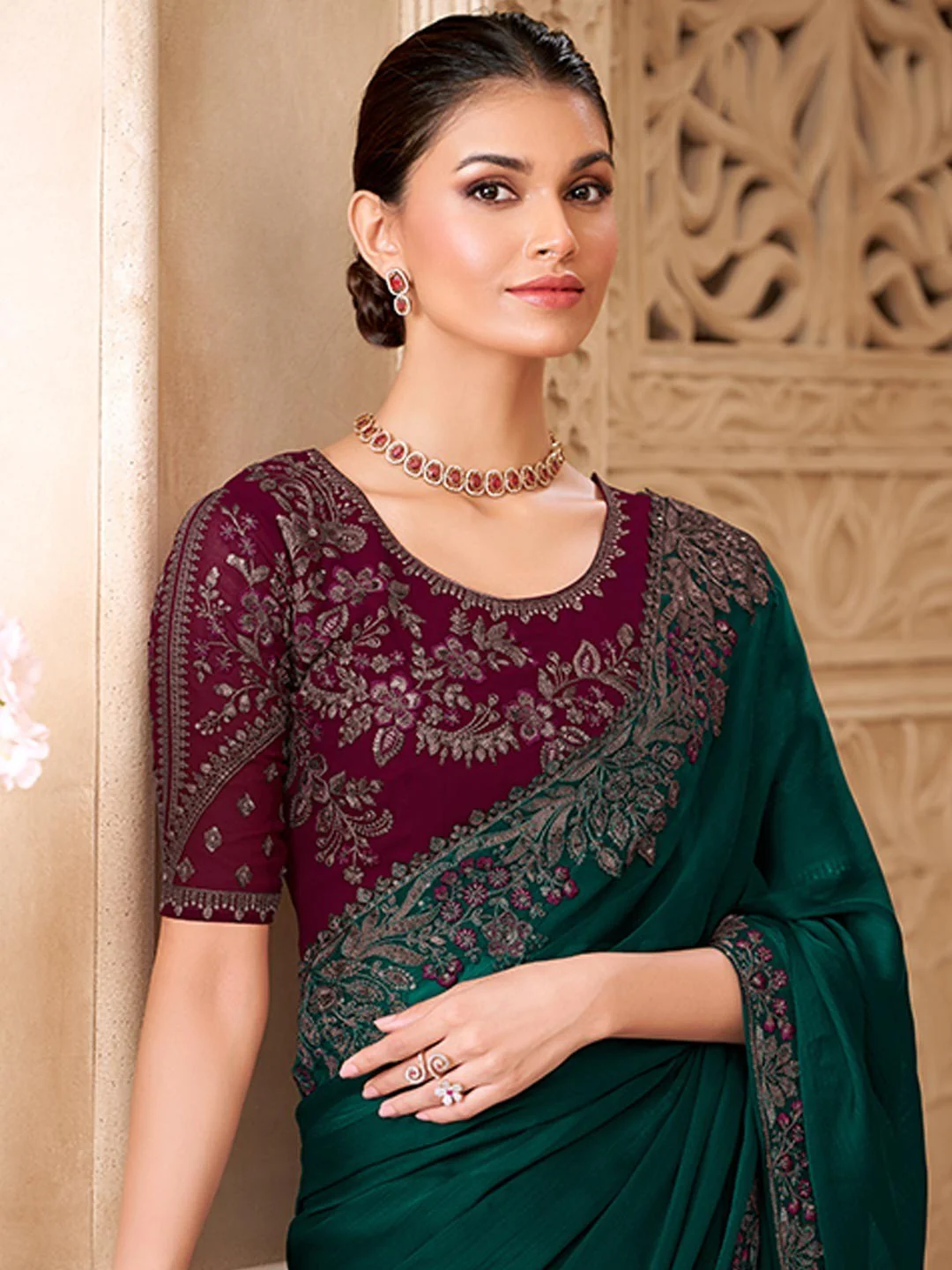 Dark Green Georgette Saree Featuring Detailed Embroidered Border - Image 4