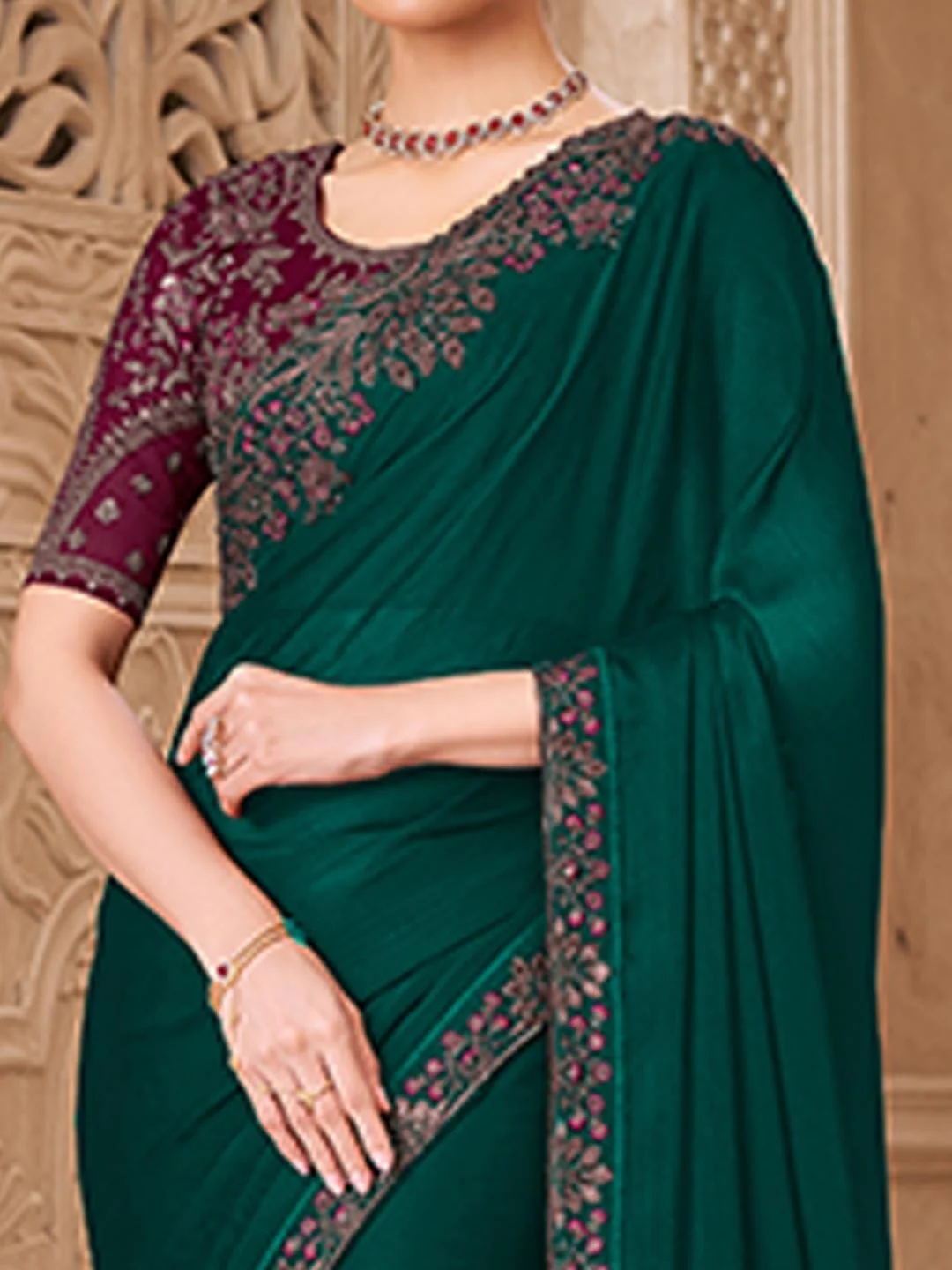 Dark Green Georgette Saree Featuring Detailed Embroidered Border - Image 5