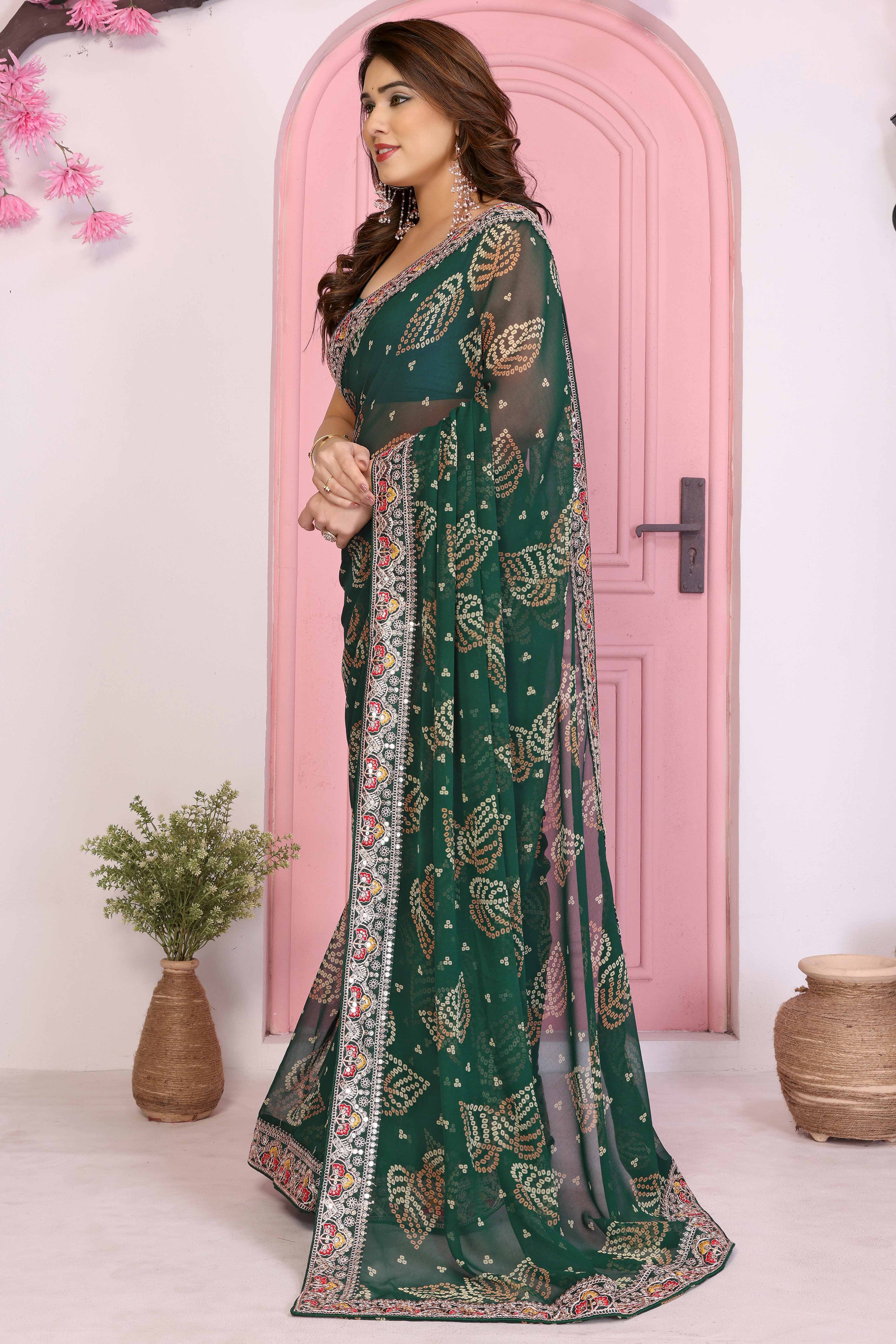 Dark Green Georgette Saree with Traditional Bandhani Print and Lace Accents - Image 3