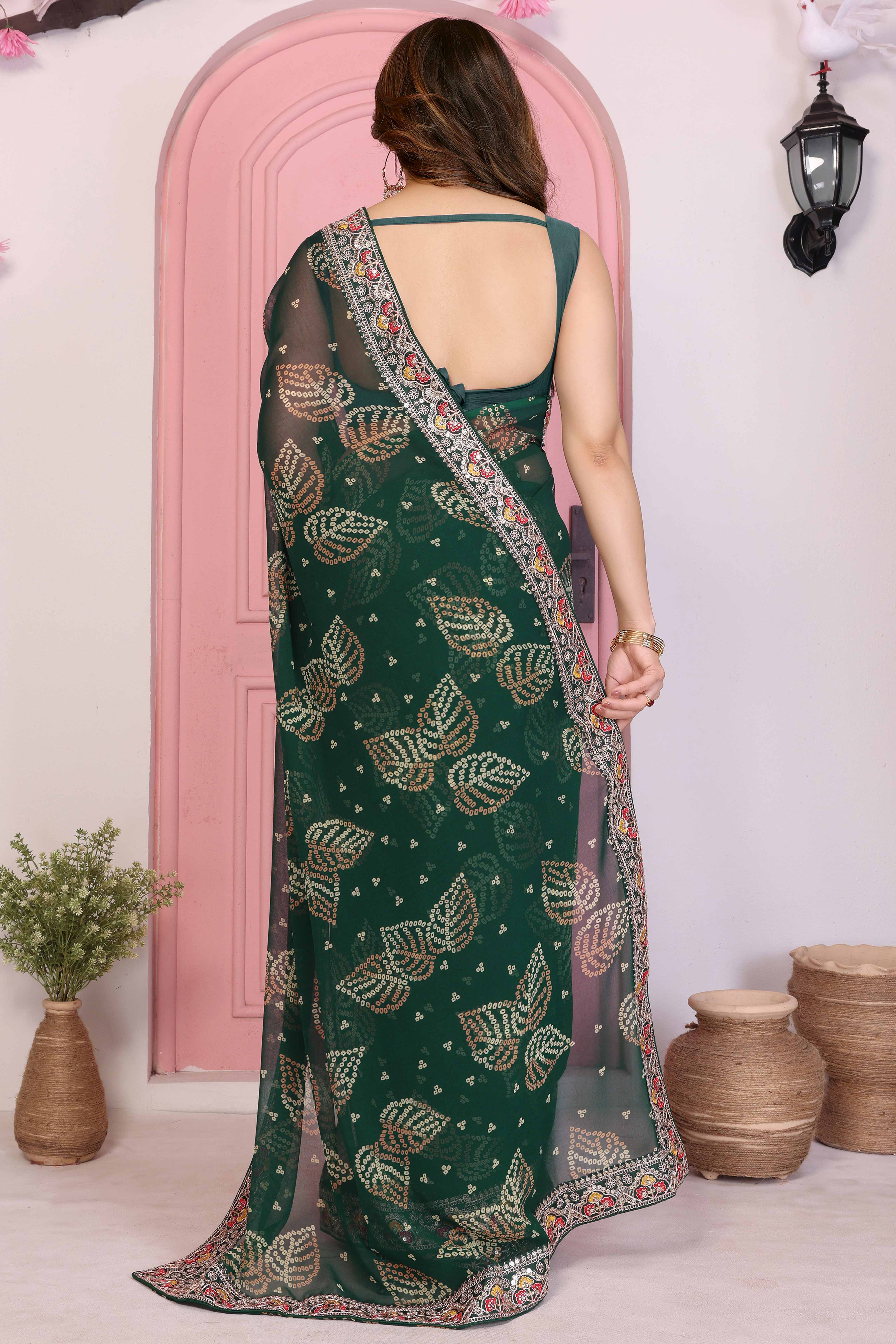 Dark Green Georgette Saree with Traditional Bandhani Print and Lace Accents - Image 4