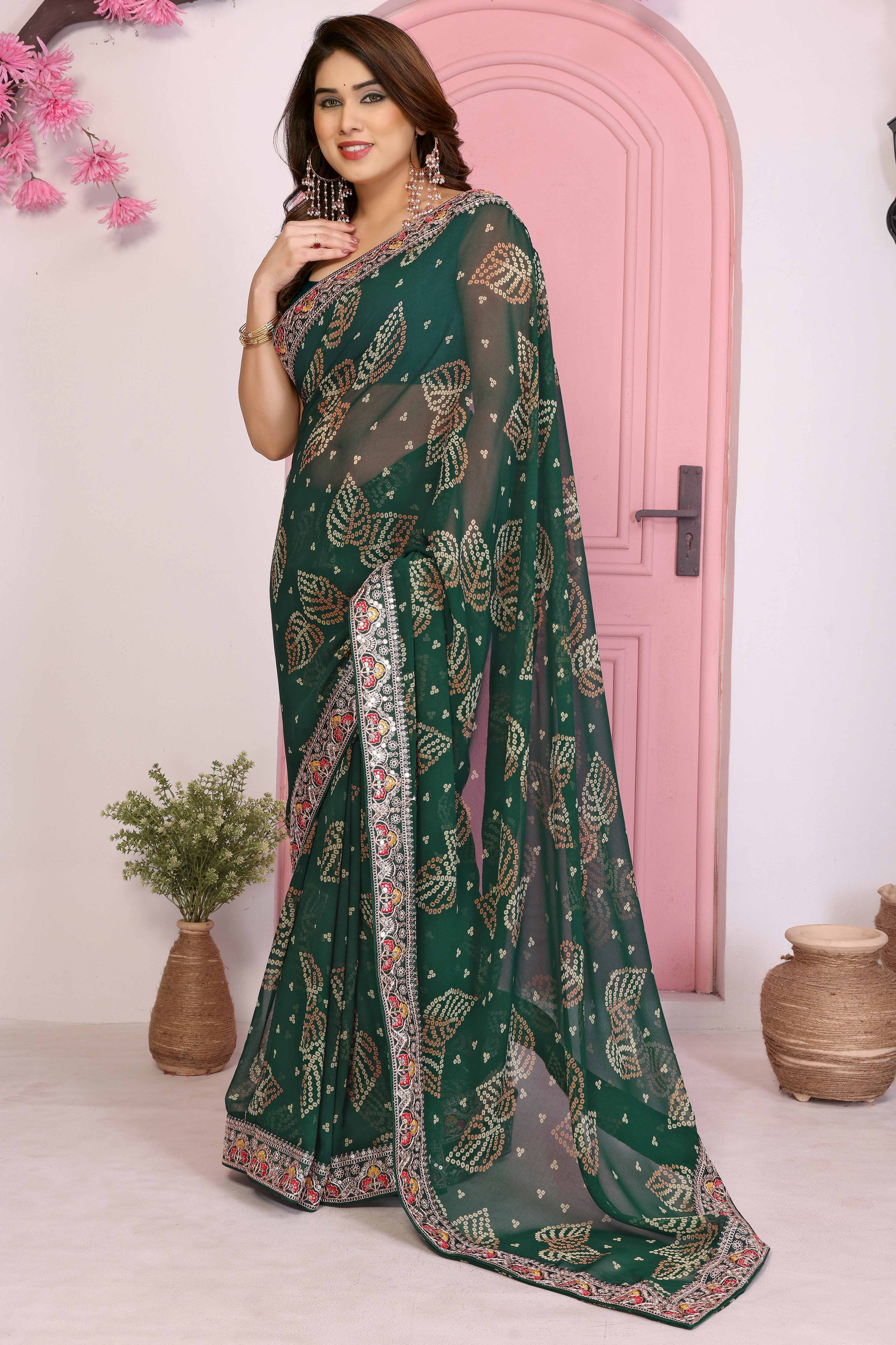 Dark Green Georgette Saree with Traditional Bandhani Print and Lace Accents - Image 5
