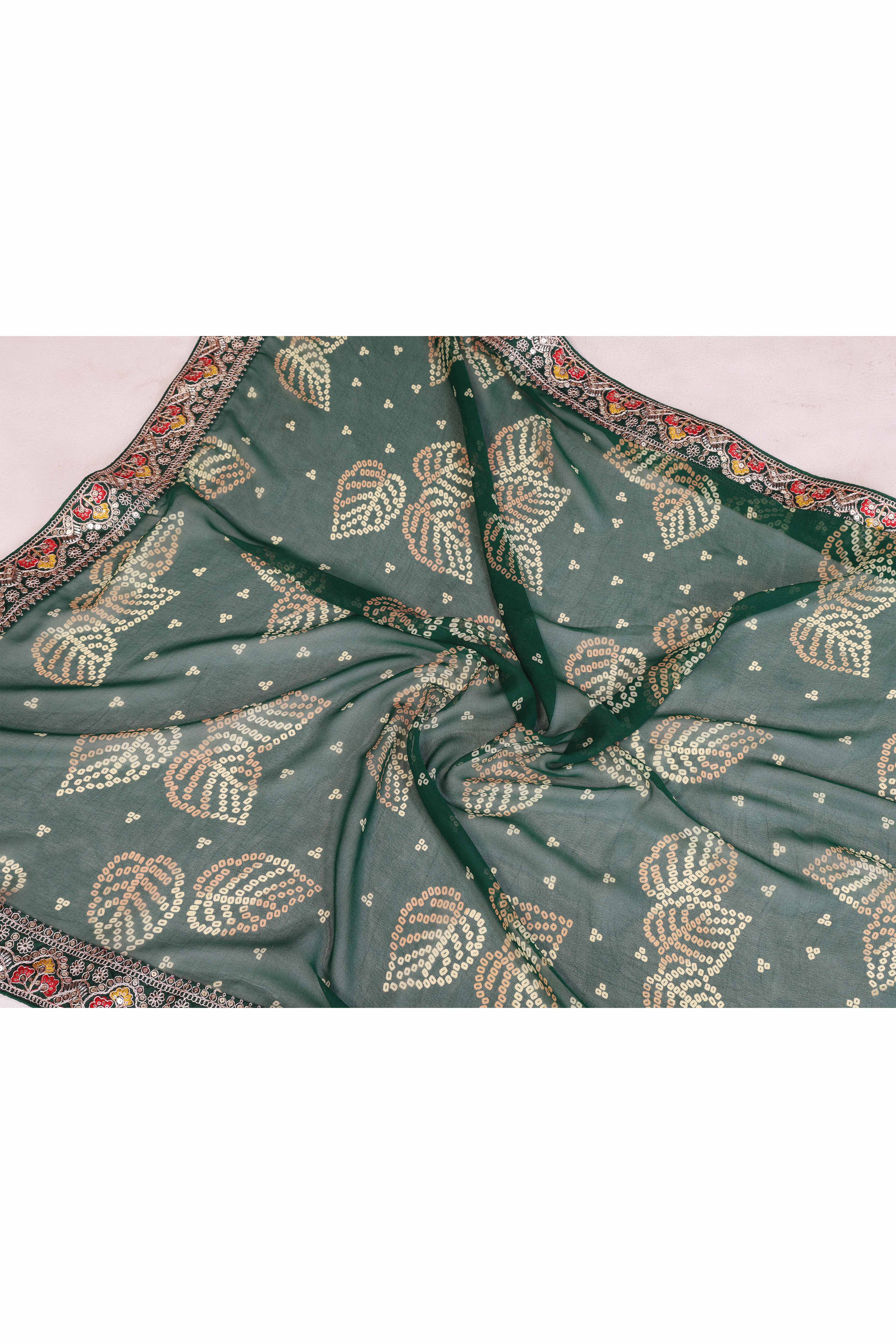 Dark Green Georgette Saree with Traditional Bandhani Print and Lace Accents - Image 7