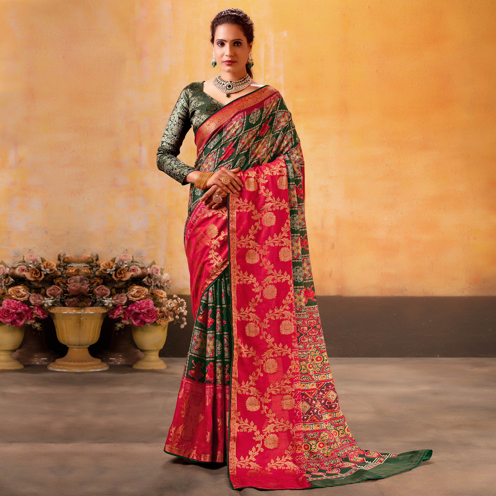 Dark Green Patola Printed Jacquard Saree - Image 2