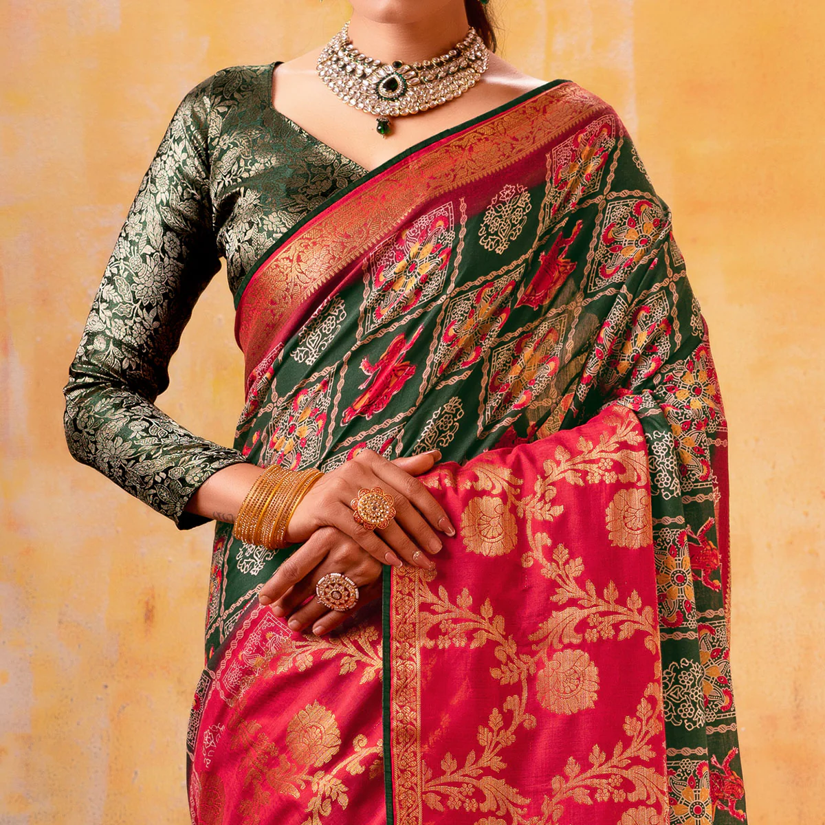 Dark Green Patola Printed Jacquard Saree - Image 3