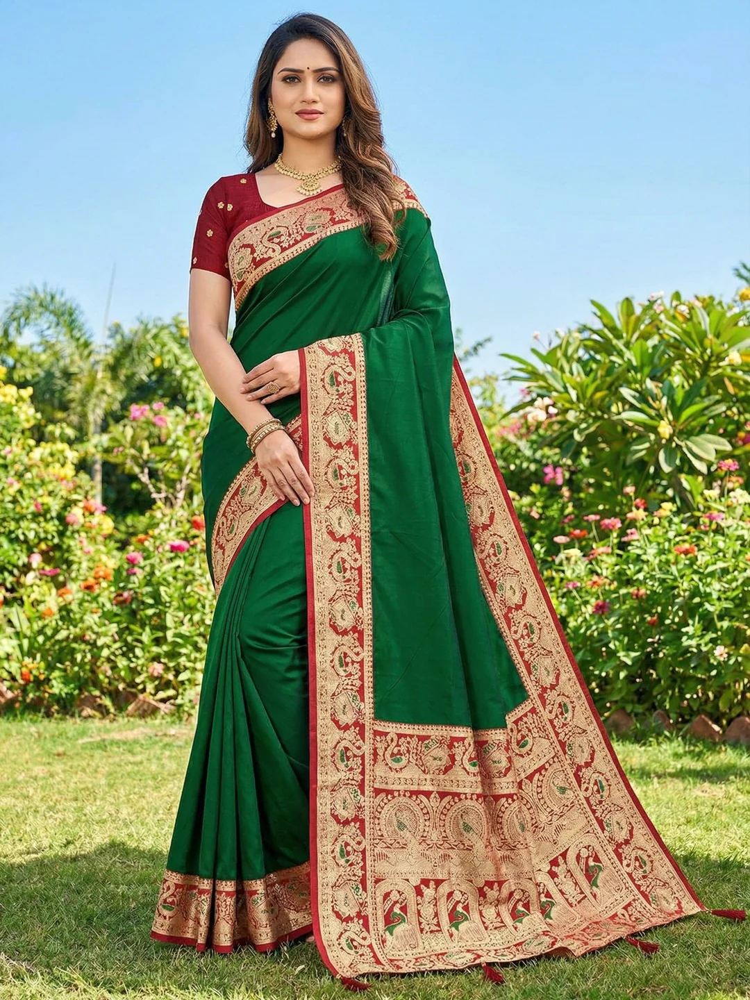 Dark Green Pure Silk Saree with Detailed Woven Border and Stitched Blouse for Elegant Styling