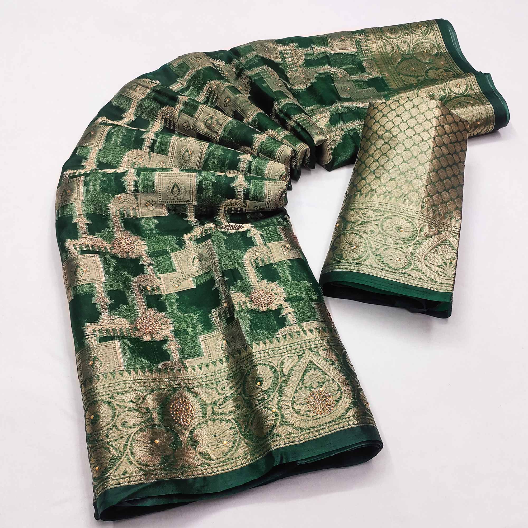 Dark Green Stone Work Woven Organza Jacquard Saree - Image 3