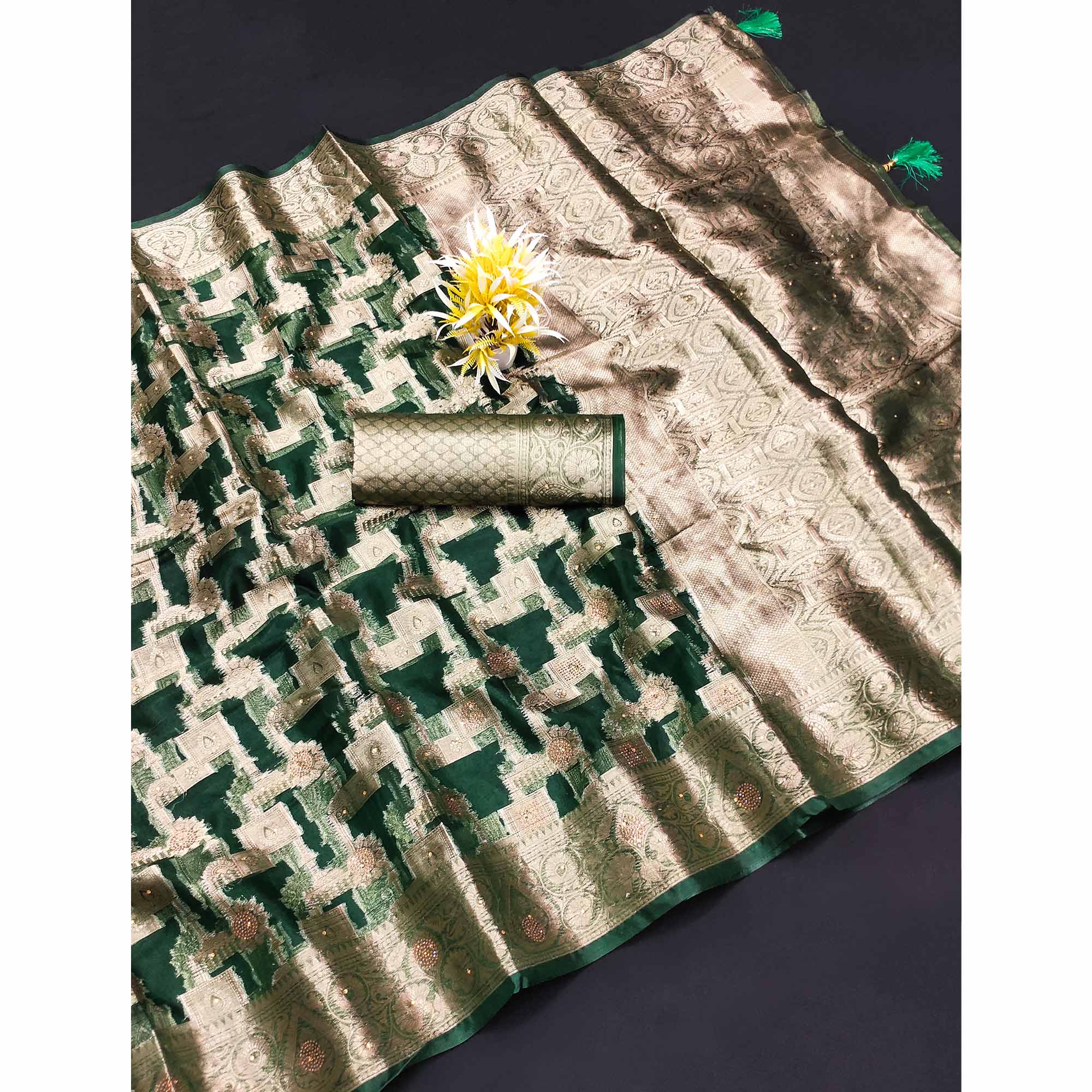 Dark Green Stone Work Woven Organza Jacquard Saree - Image 4
