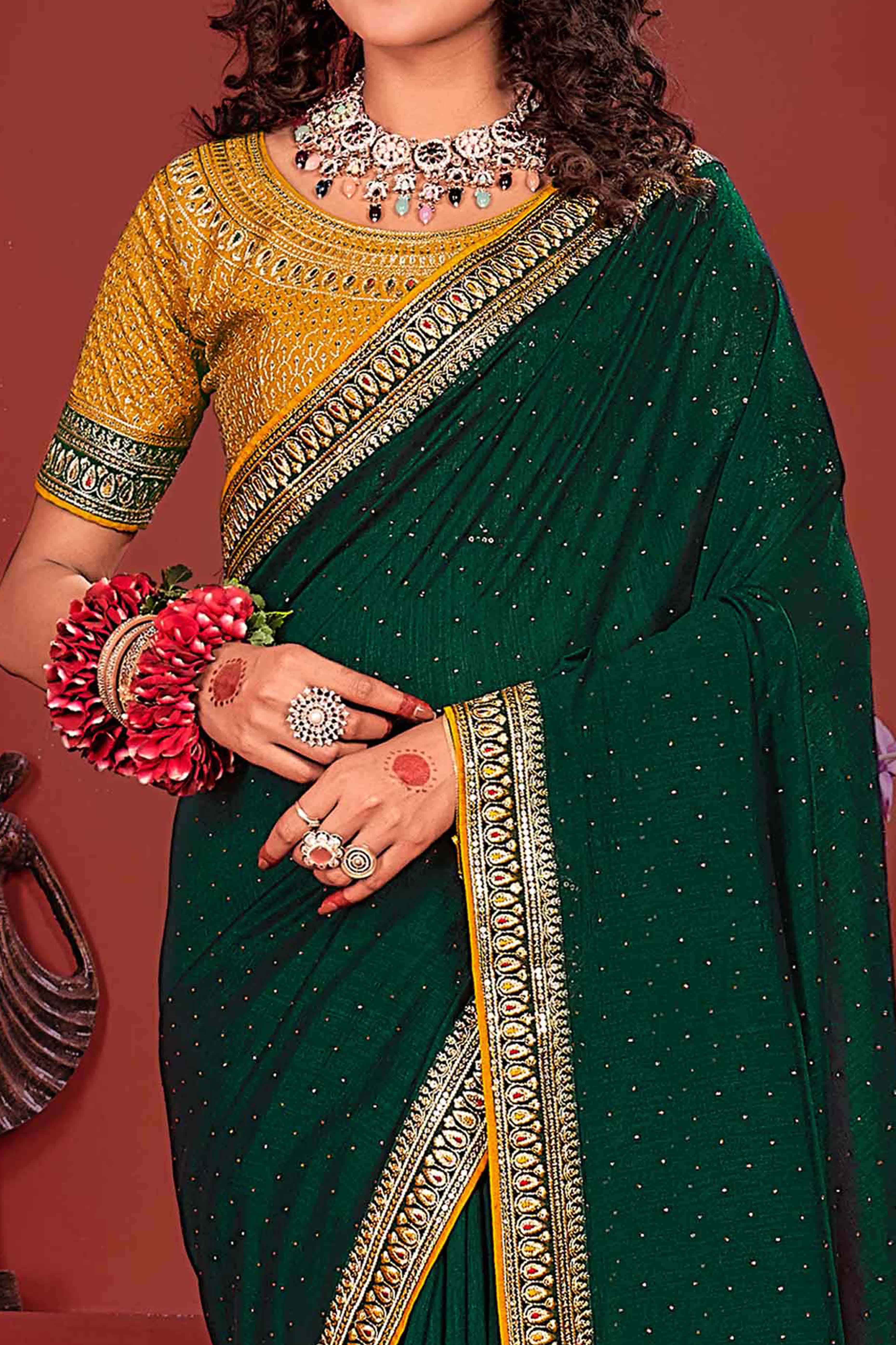 Dark Green Swarovski Work Embroidered Vichitra Silk Saree - Image 2