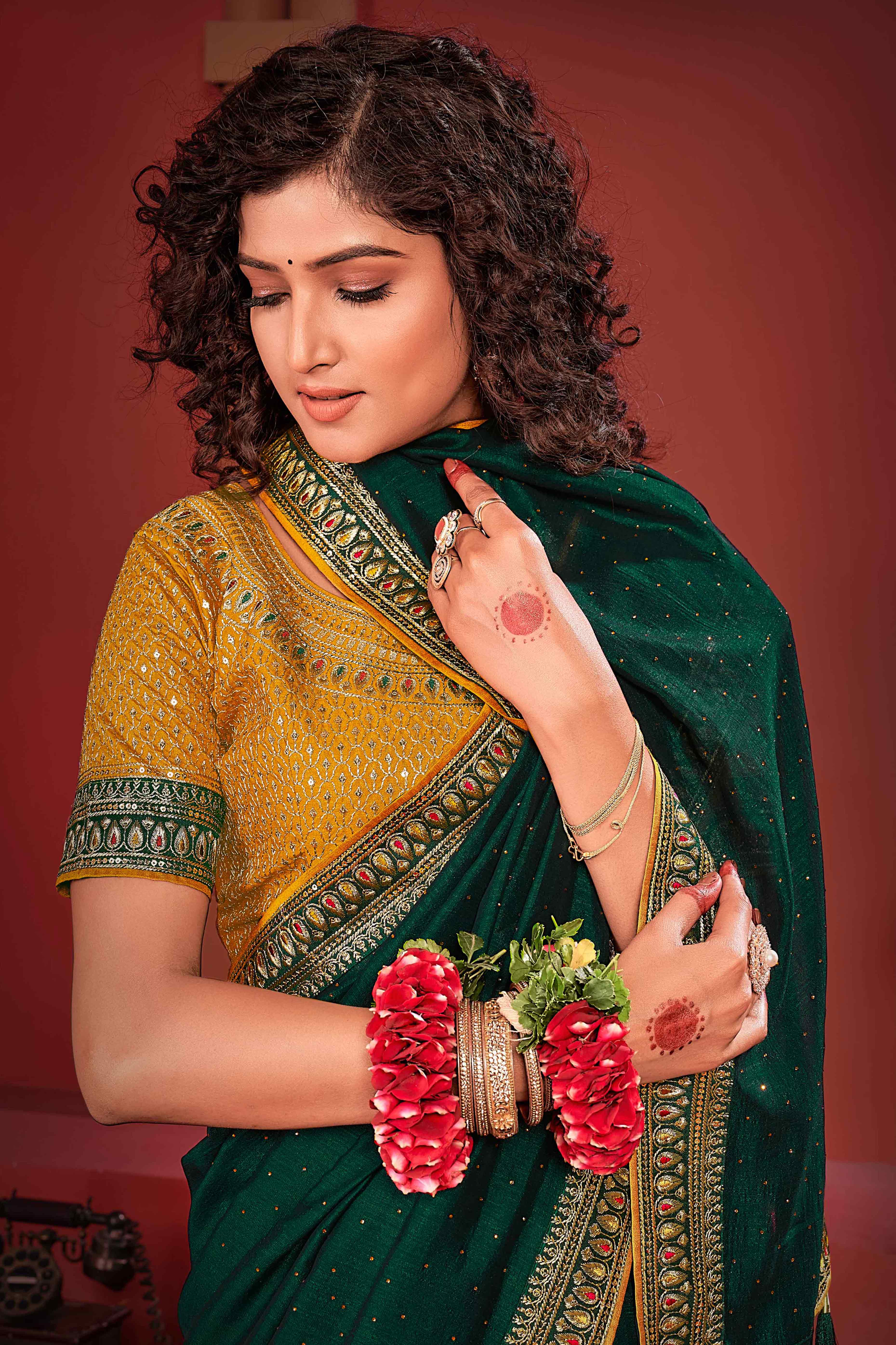Dark Green Swarovski Work Embroidered Vichitra Silk Saree - Image 3