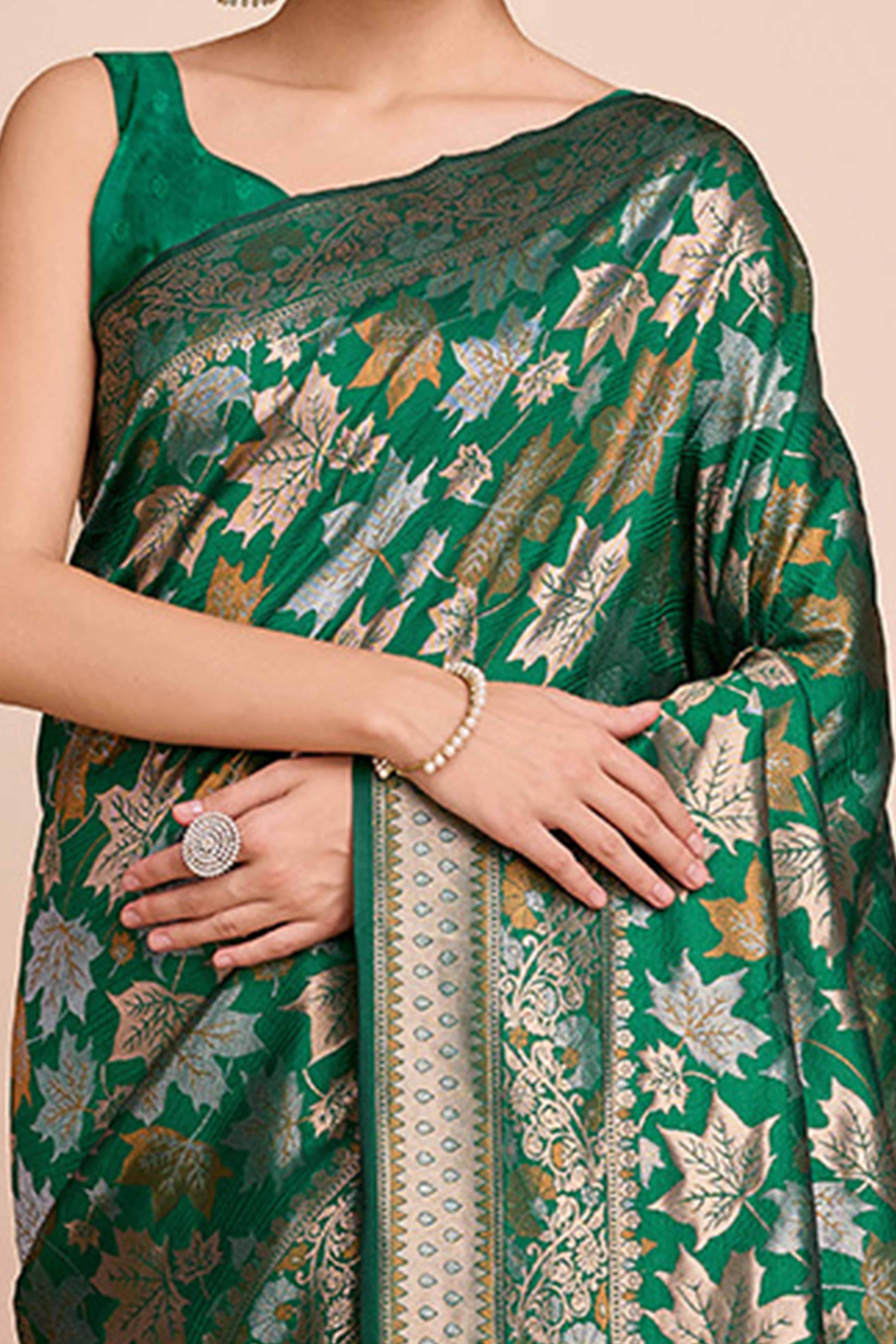 Dark Green Zari Weaving Pure Silk Saree - Image 2