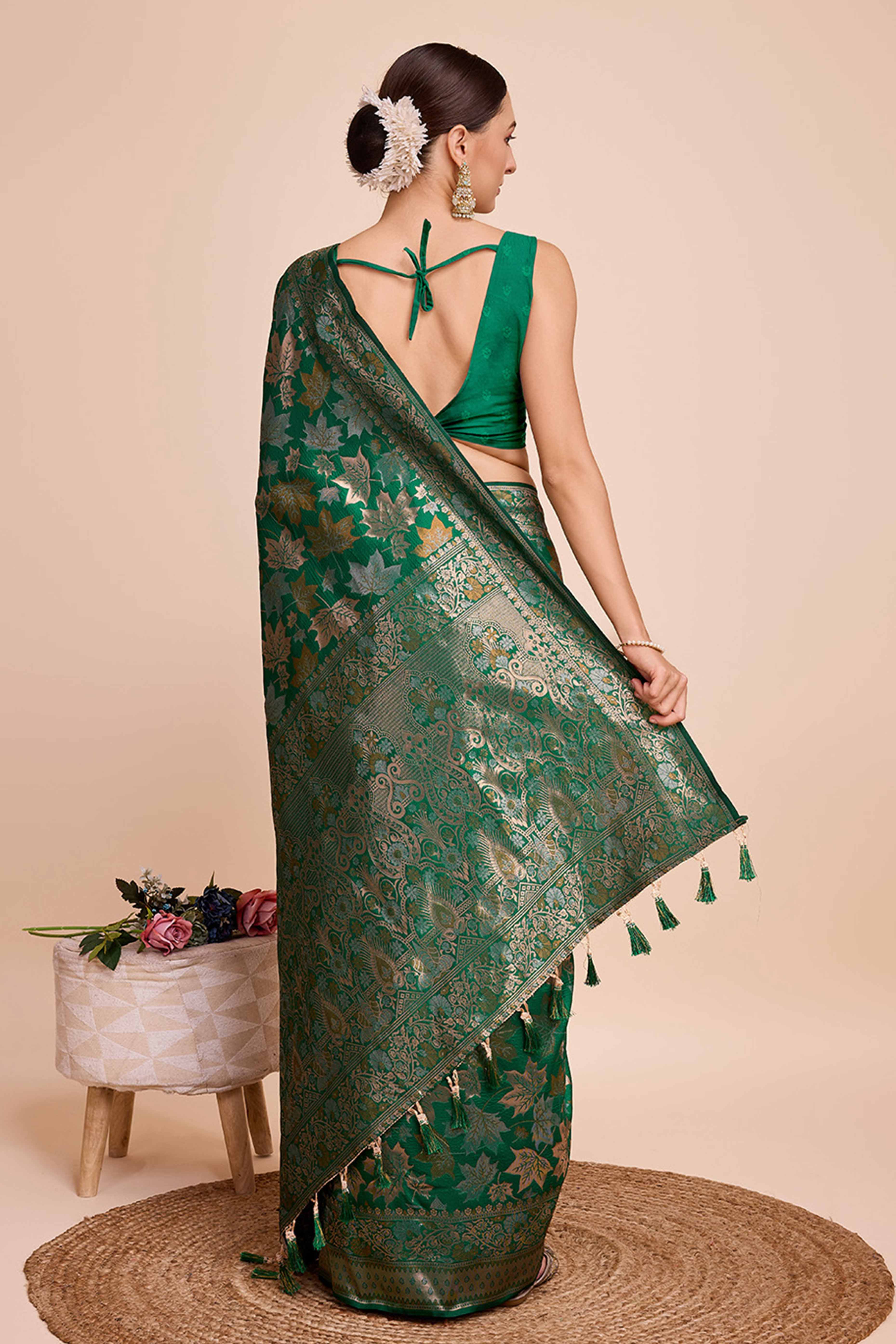 Dark Green Zari Weaving Pure Silk Saree - Image 5