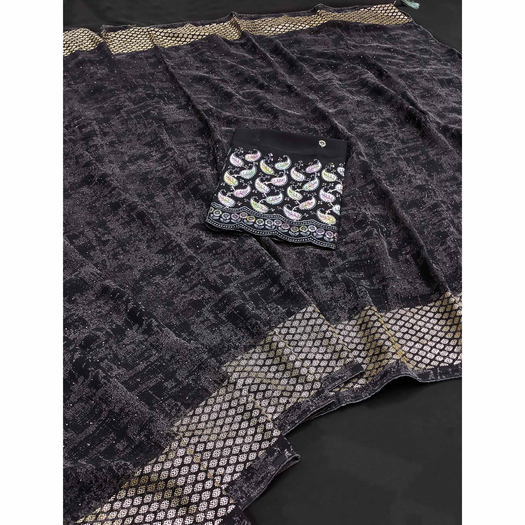 Dark Grey Abstract Printed Georgette Saree - Image 3