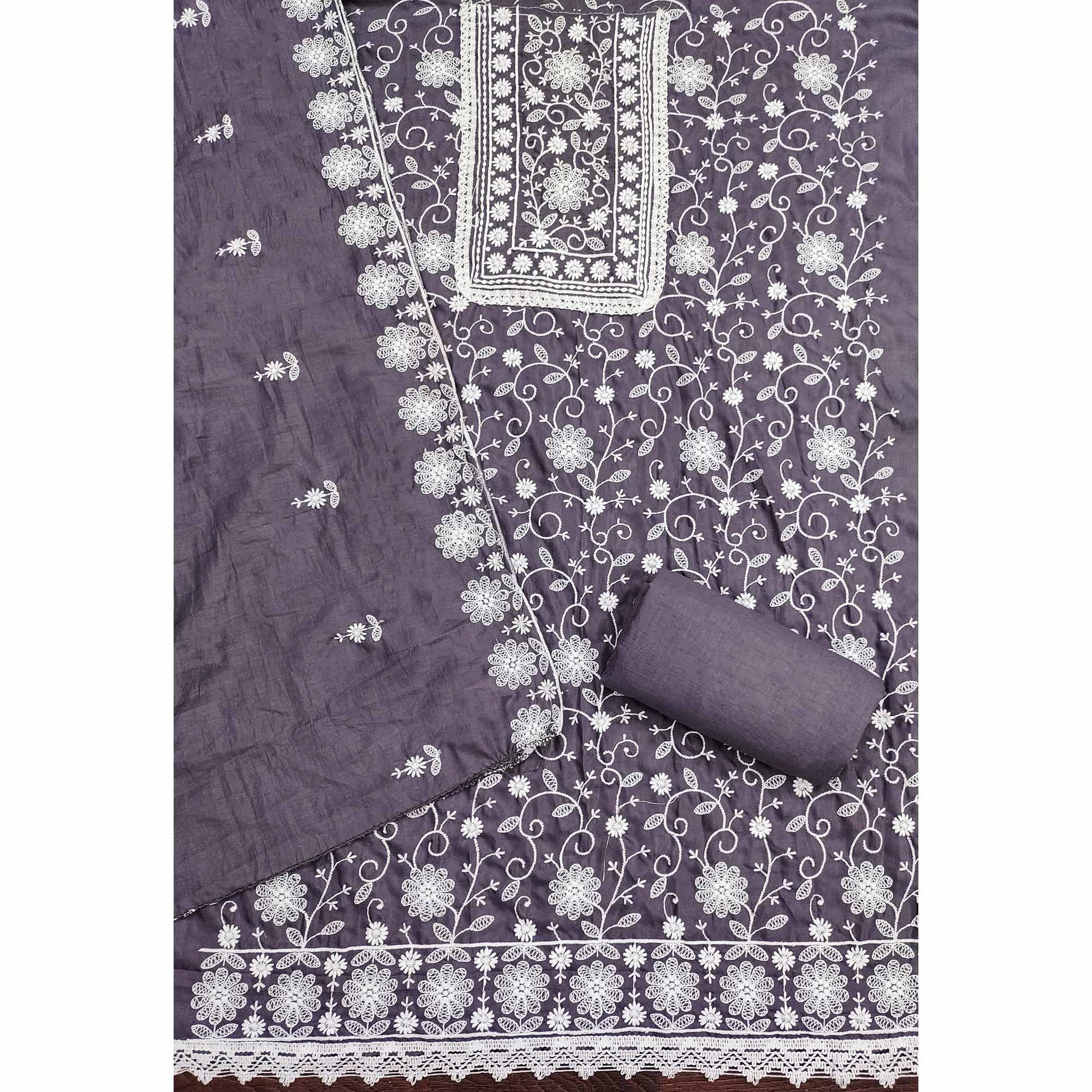 Dark Grey Floral Embroidered Art Silk Dress Material - Image 4
