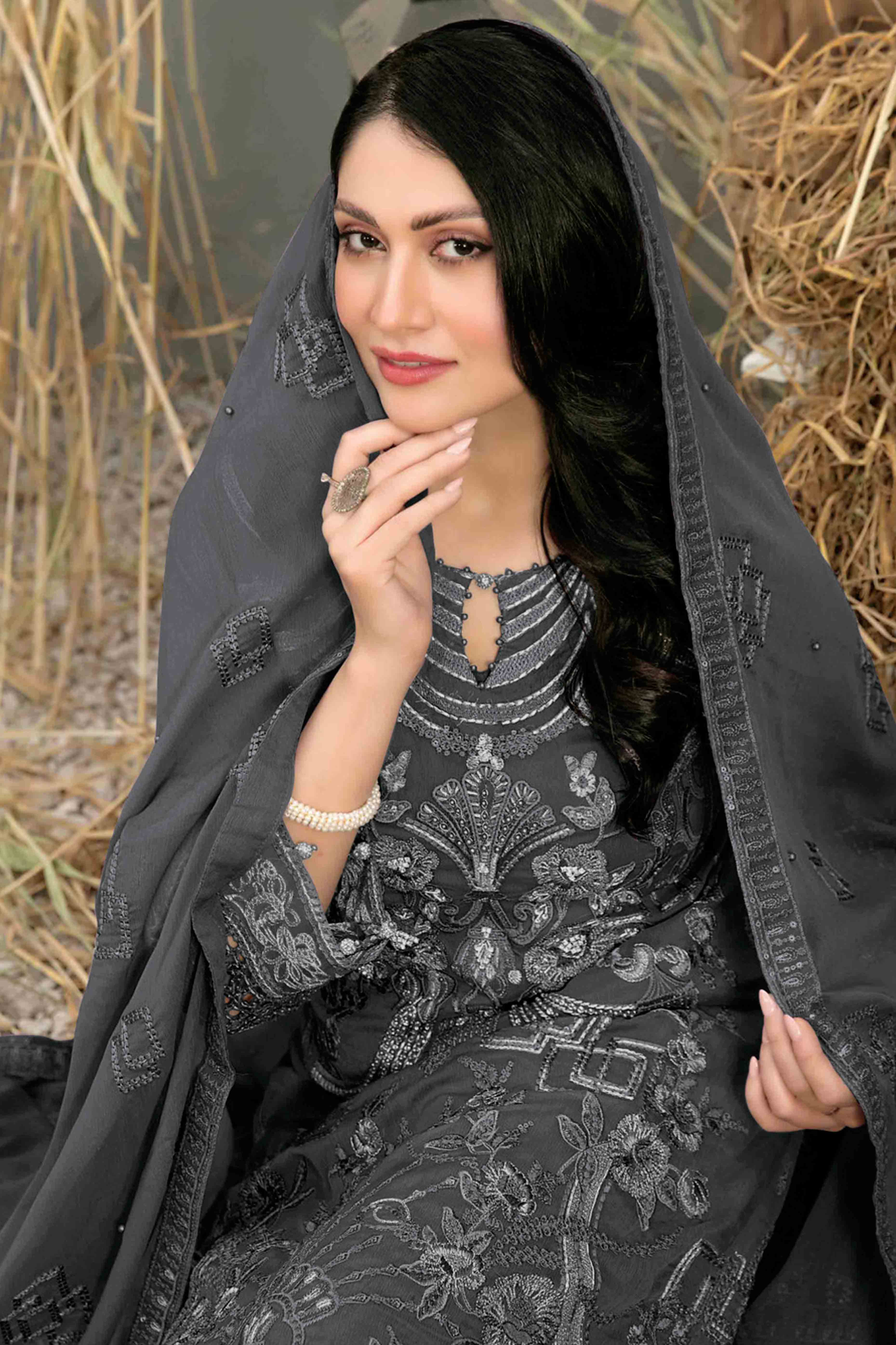 Dark Grey Floral Embroidered Heavy Georgette Dress Material - Image 3