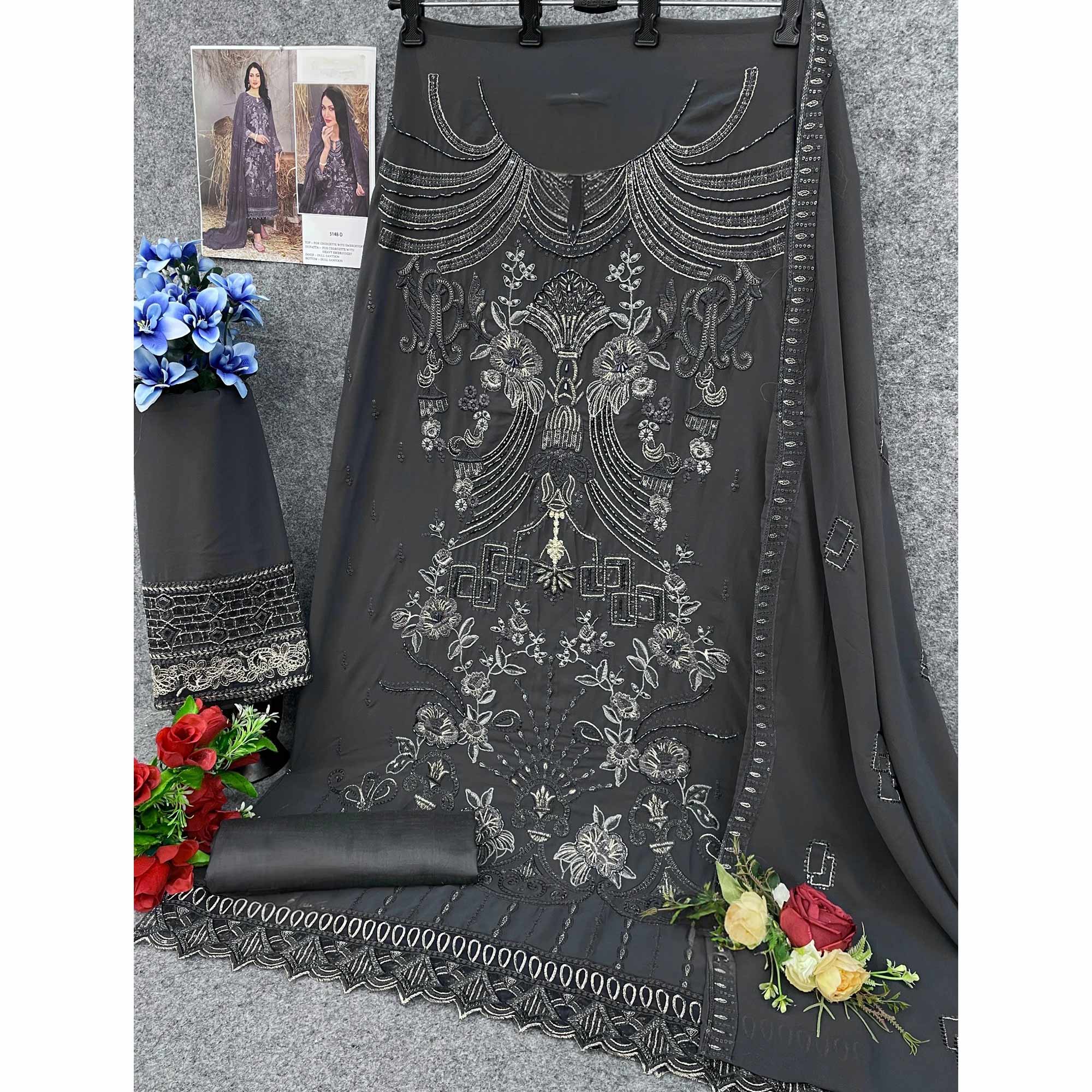 Dark Grey Floral Embroidered Heavy Georgette Dress Material - Image 4