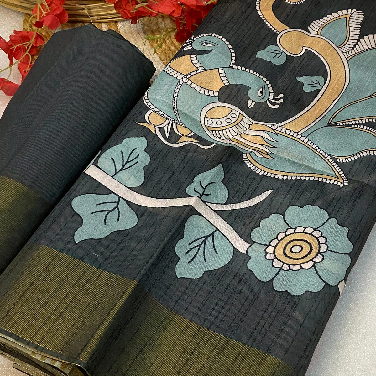Dark Grey Floral Printed Tussar Silk Saree - Image 2