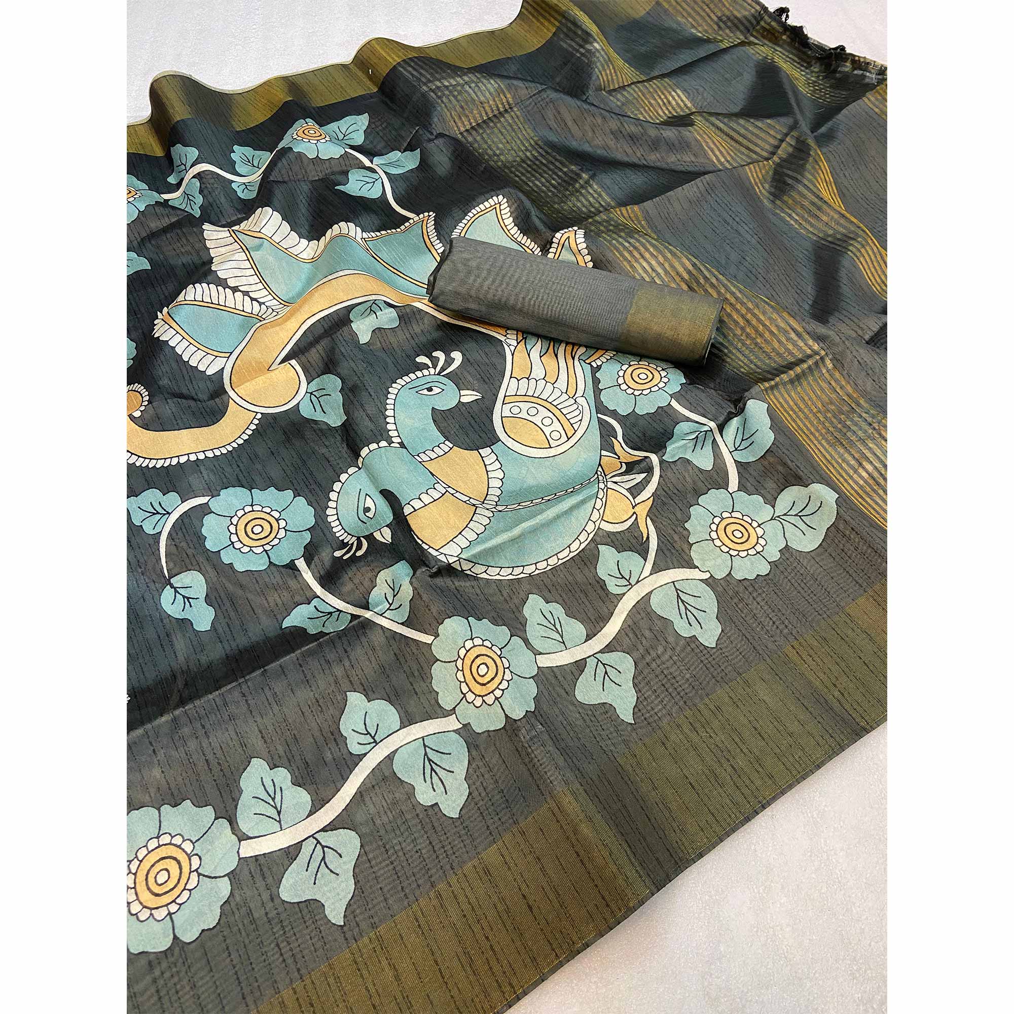 Dark Grey Floral Printed Tussar Silk Saree - Image 3