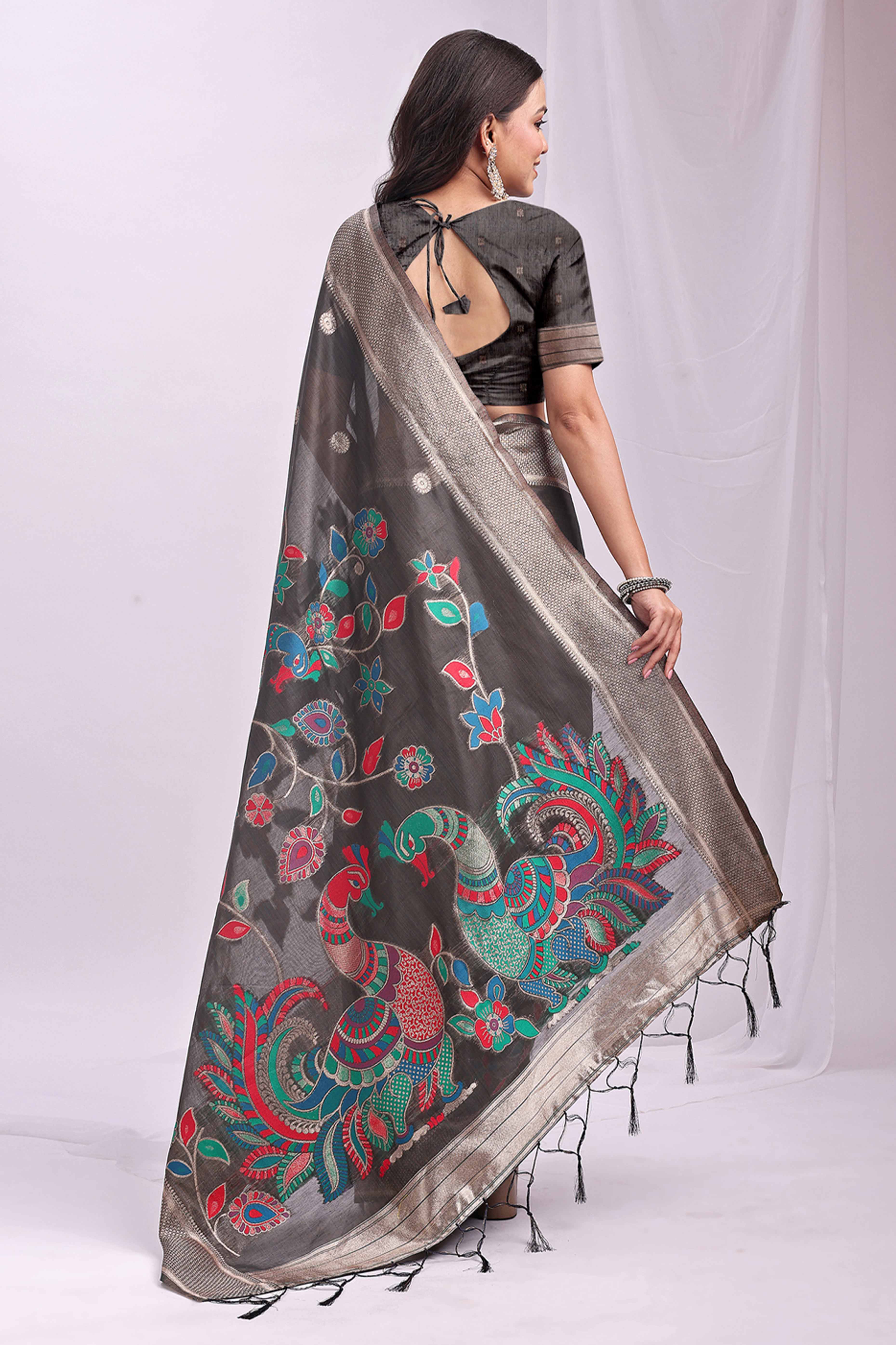 Dark Grey Floral Woven Linen Cotton Saree Accented With Peacock Motif Pallu & Zari Border - Image 5