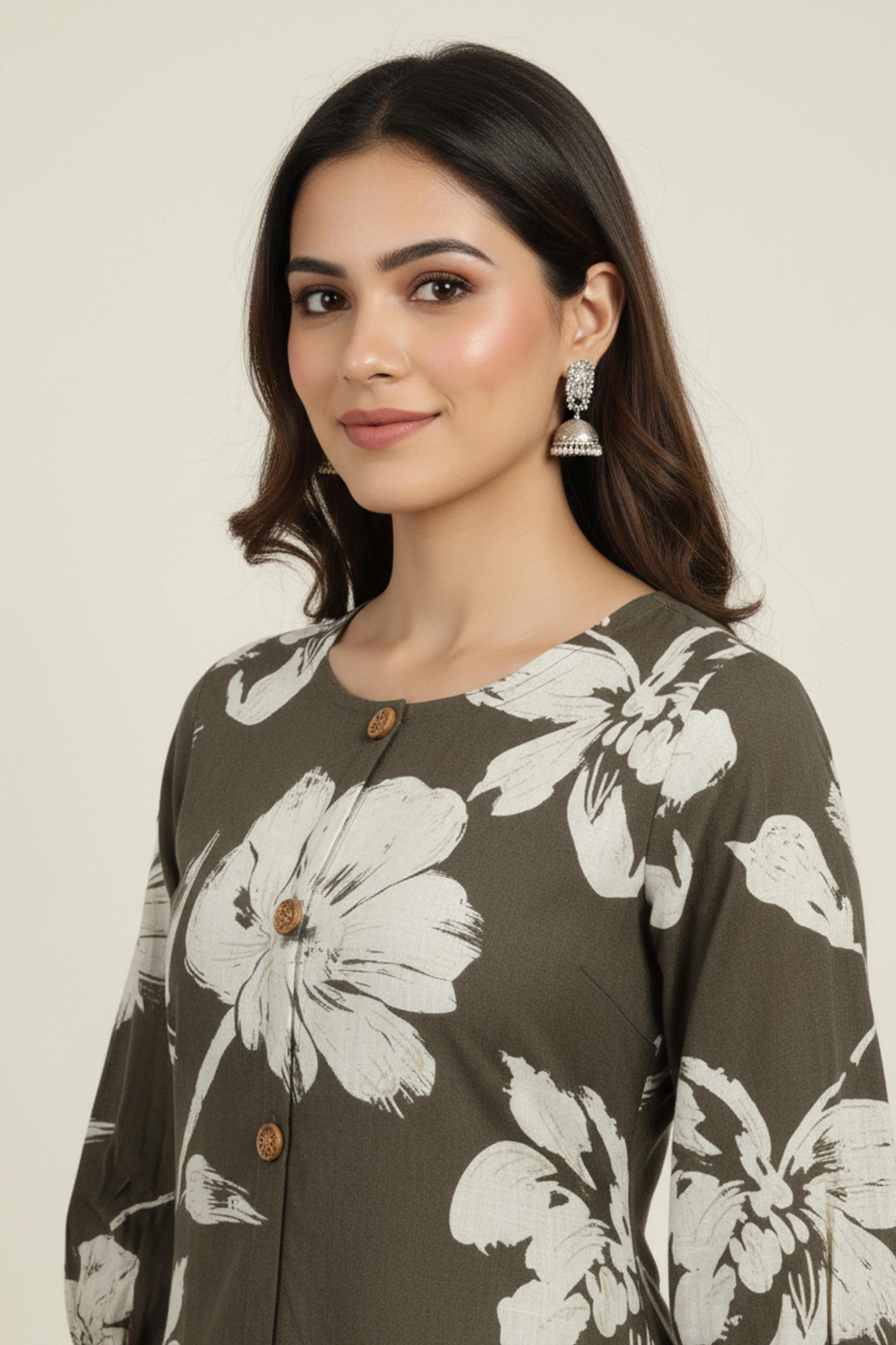 Dark Grey Rayon Kurti Accented with Delicate Floral Motifs - Image 2