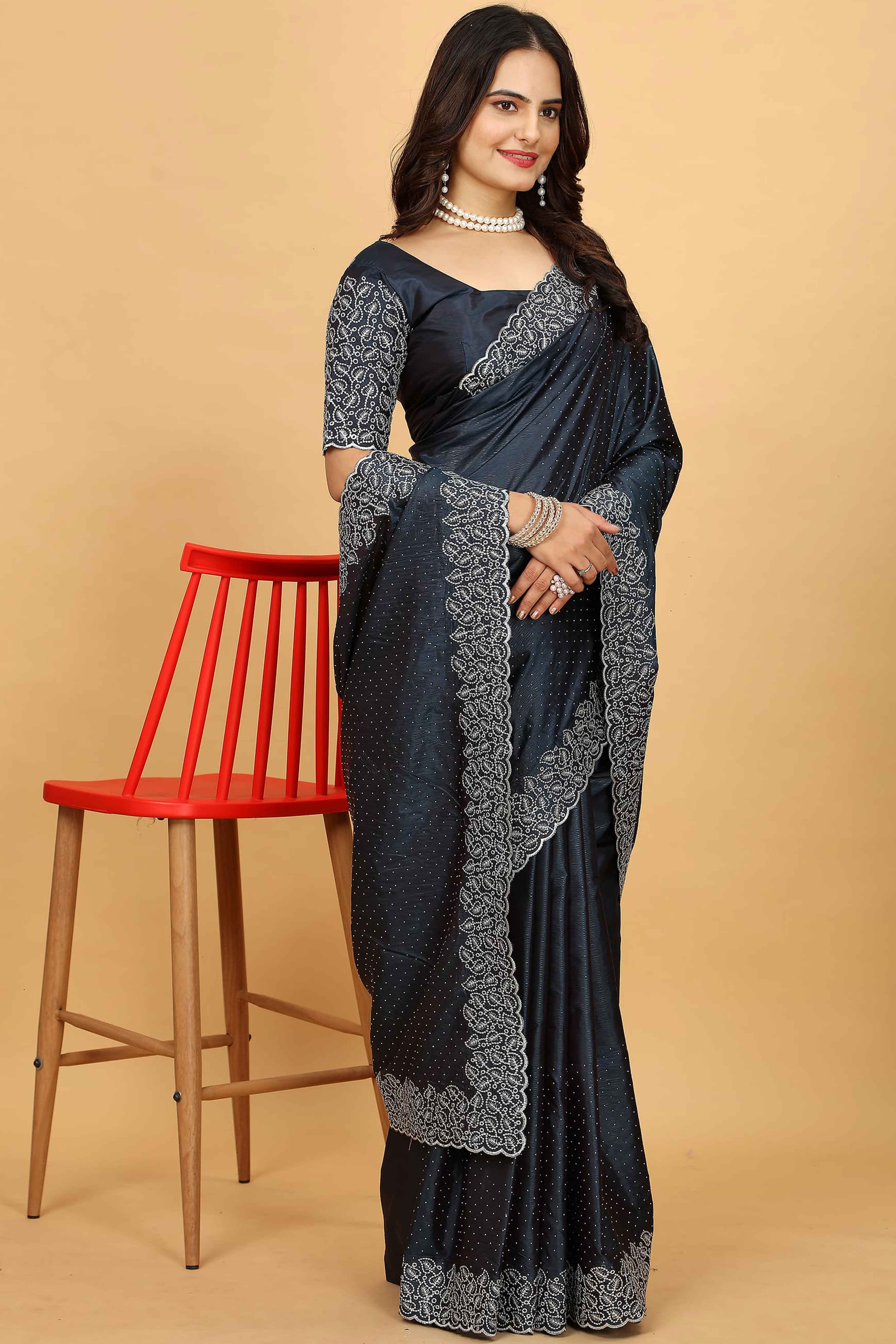Dark Grey Swarovski Work Paper Silk Saree With Embroidery Zari Border - Image 5