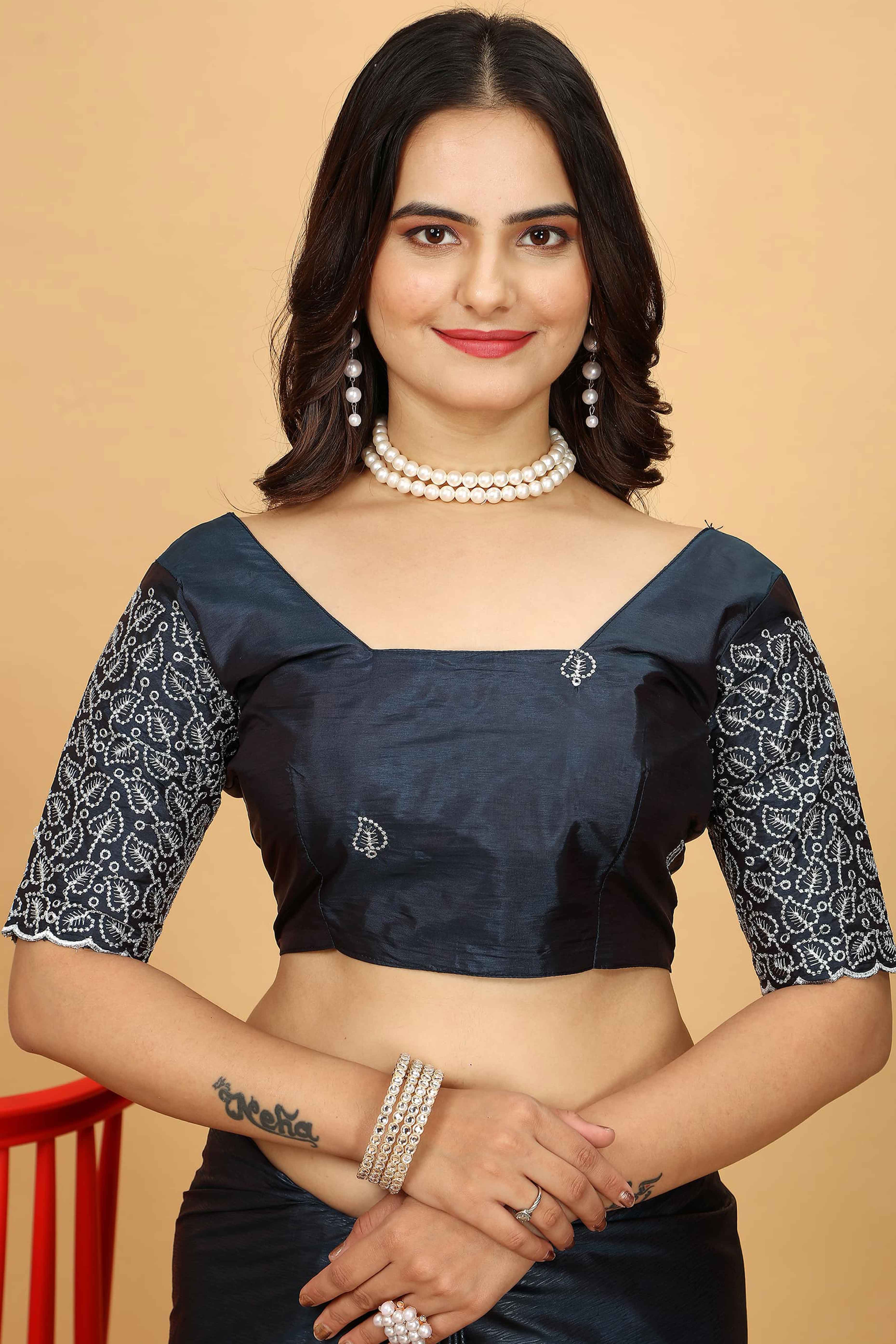 Dark Grey Swarovski Work Paper Silk Saree With Embroidery Zari Border - Image 7