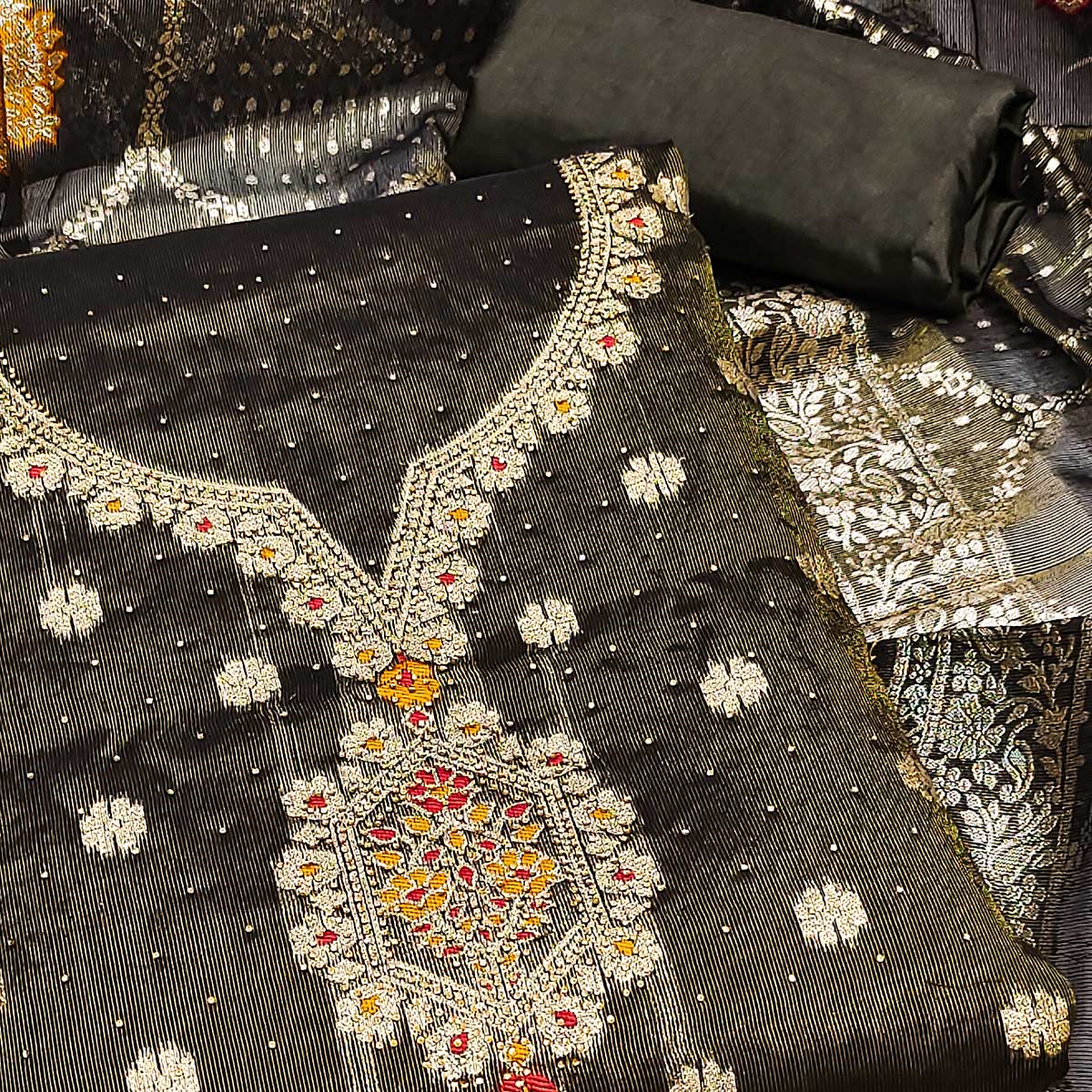 Dark Grey Woven With Stonework Shimmer Jacquard Dress Material - Image 2