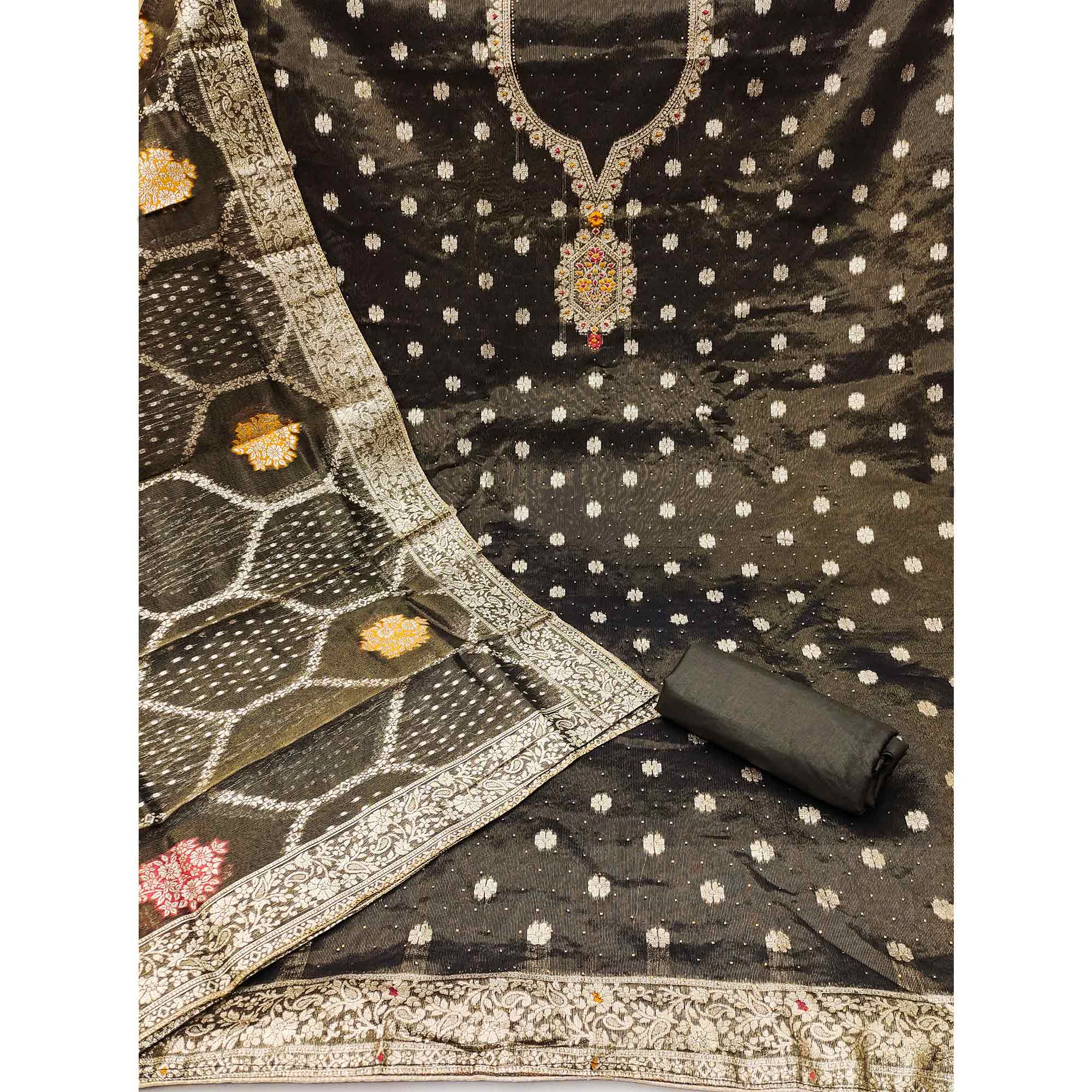 Dark Grey Woven With Stonework Shimmer Jacquard Dress Material - Image 3