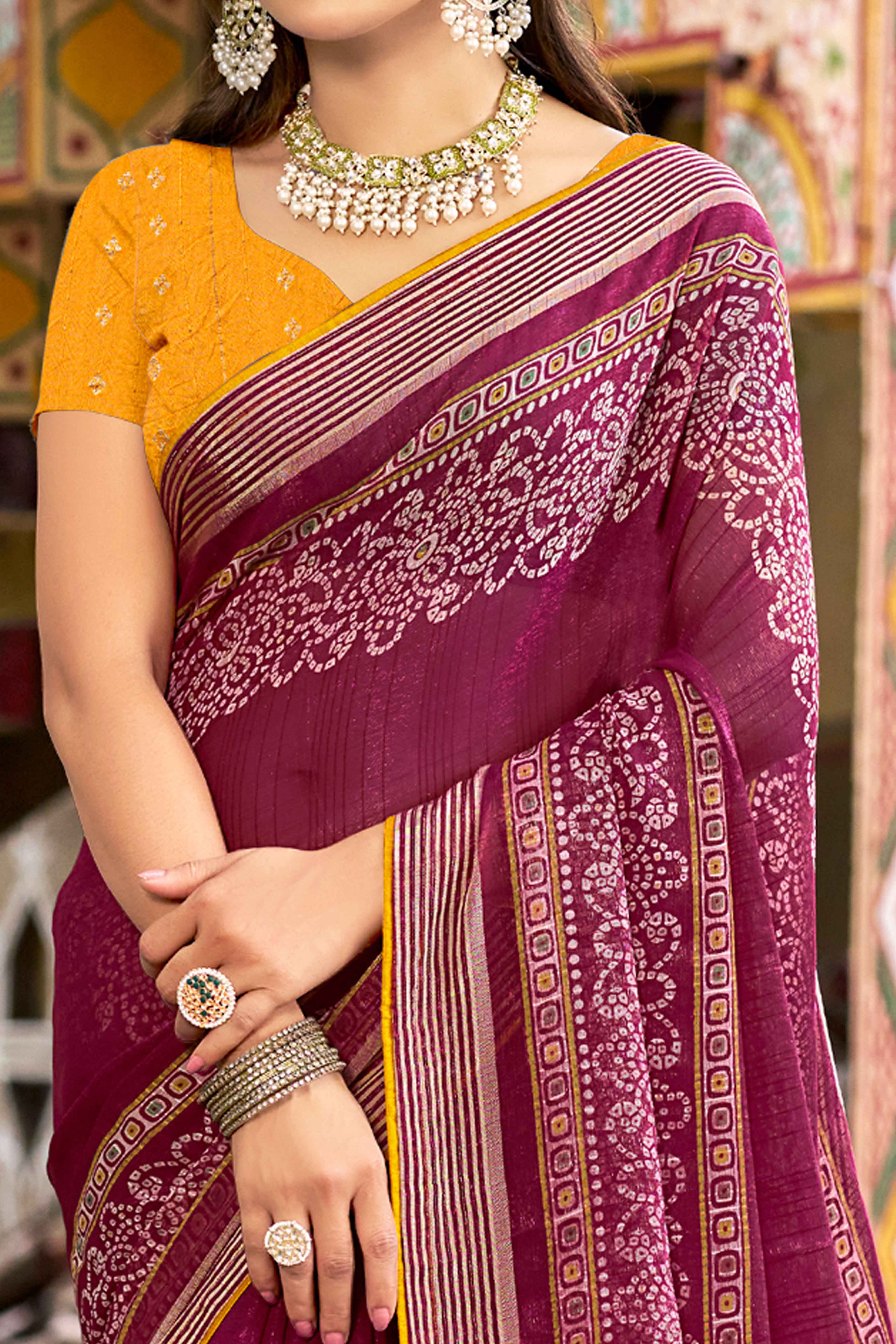 Dark Magenta Bandhani Printed Shimmer Chiffon Saree - Image 2