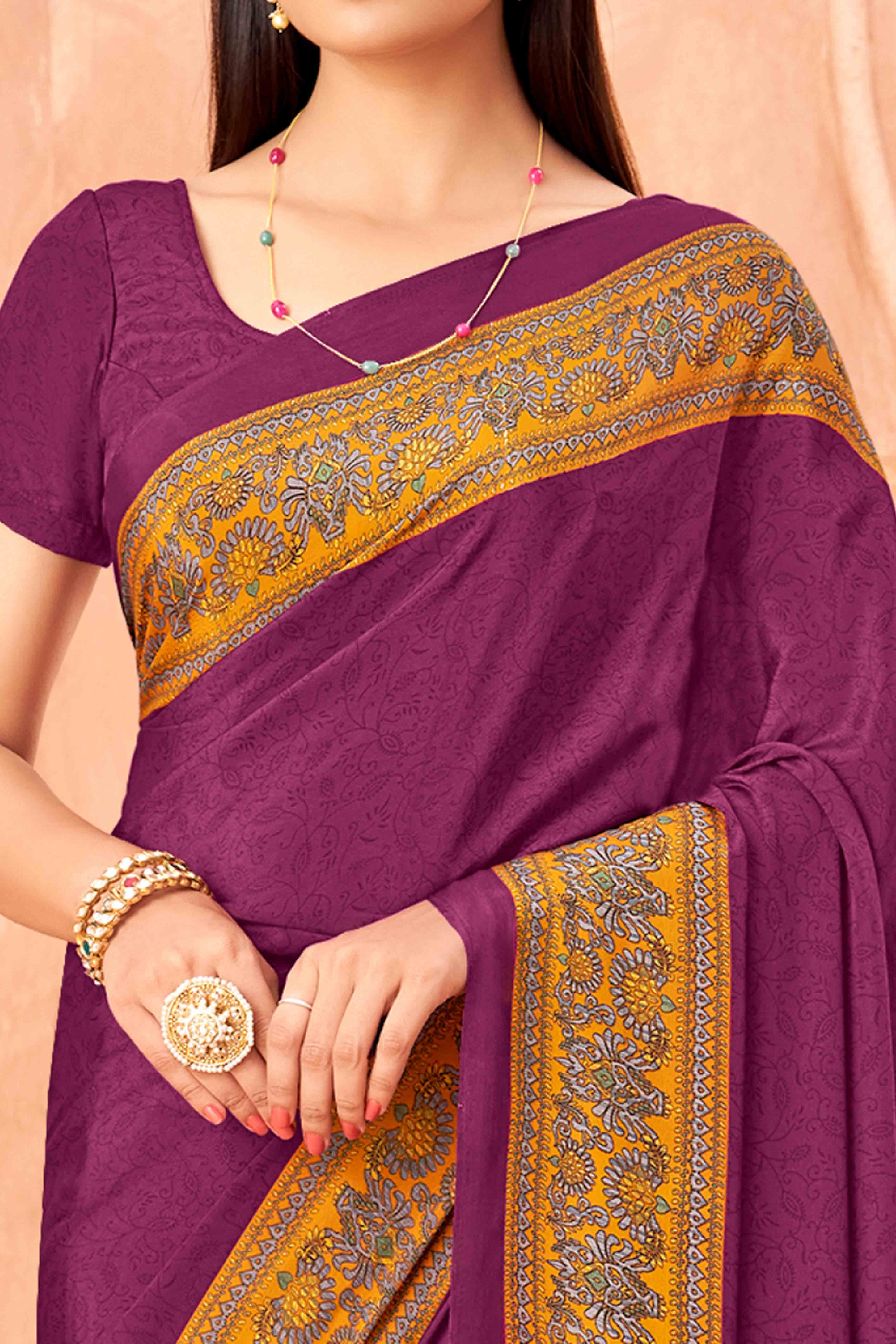 Dark Magenta Crepe Silk Saree with Elegant Floral Print Detailing - Image 2