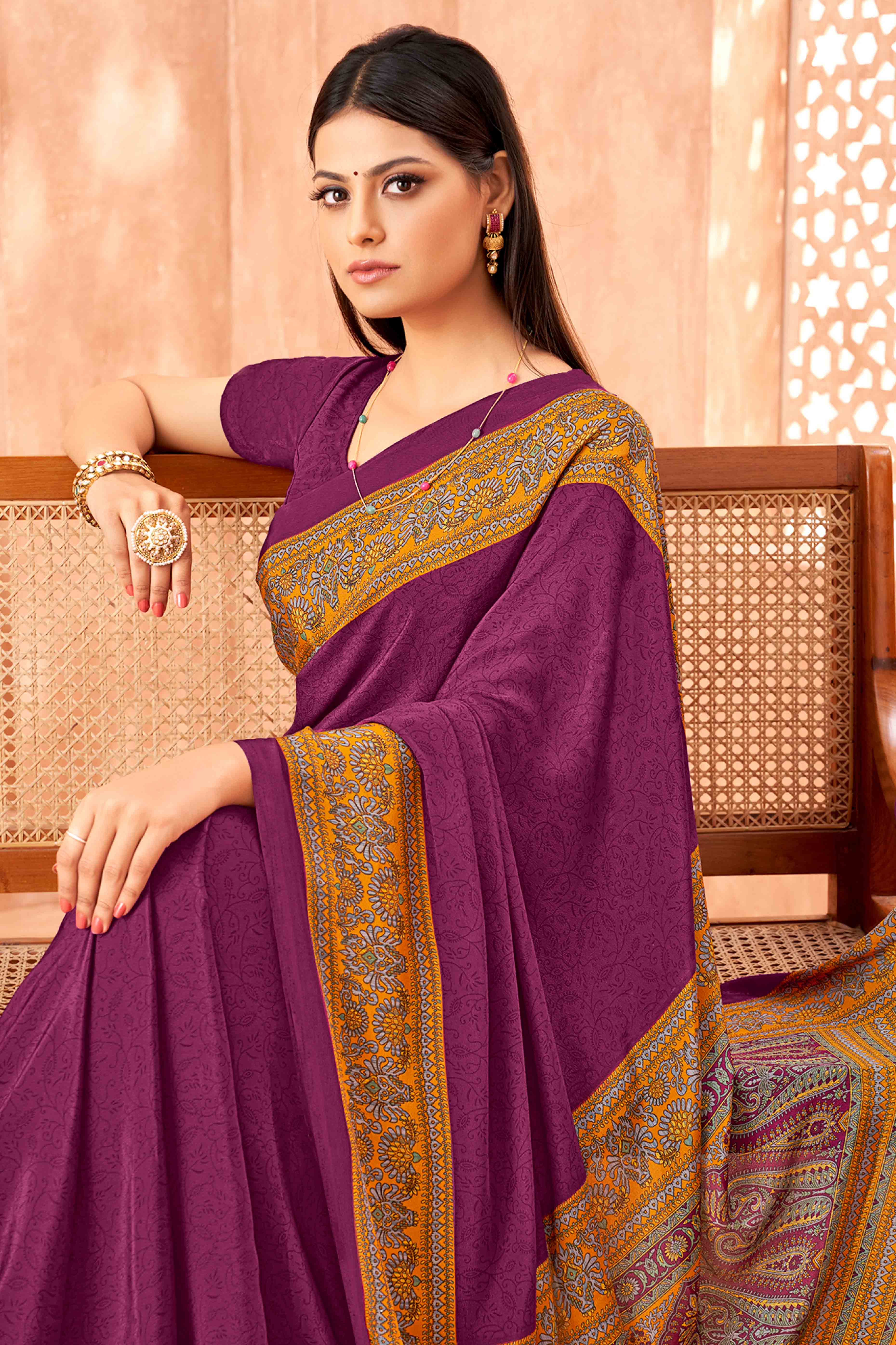 Dark Magenta Crepe Silk Saree with Elegant Floral Print Detailing - Image 3