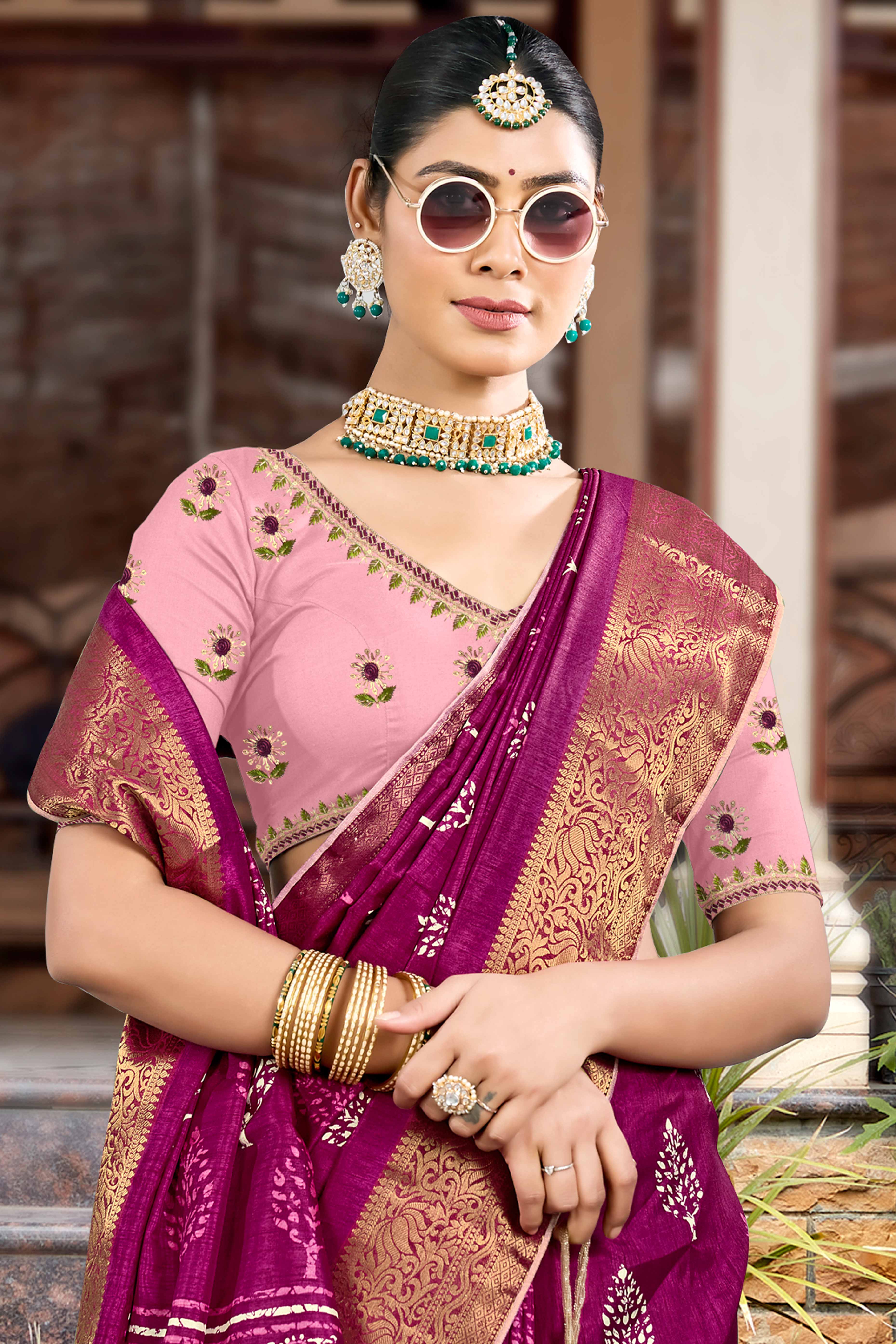 Dark Magenta Dola Silk Saree Featuring Artistic Print Work & Graceful Tassel Edging - Image 3