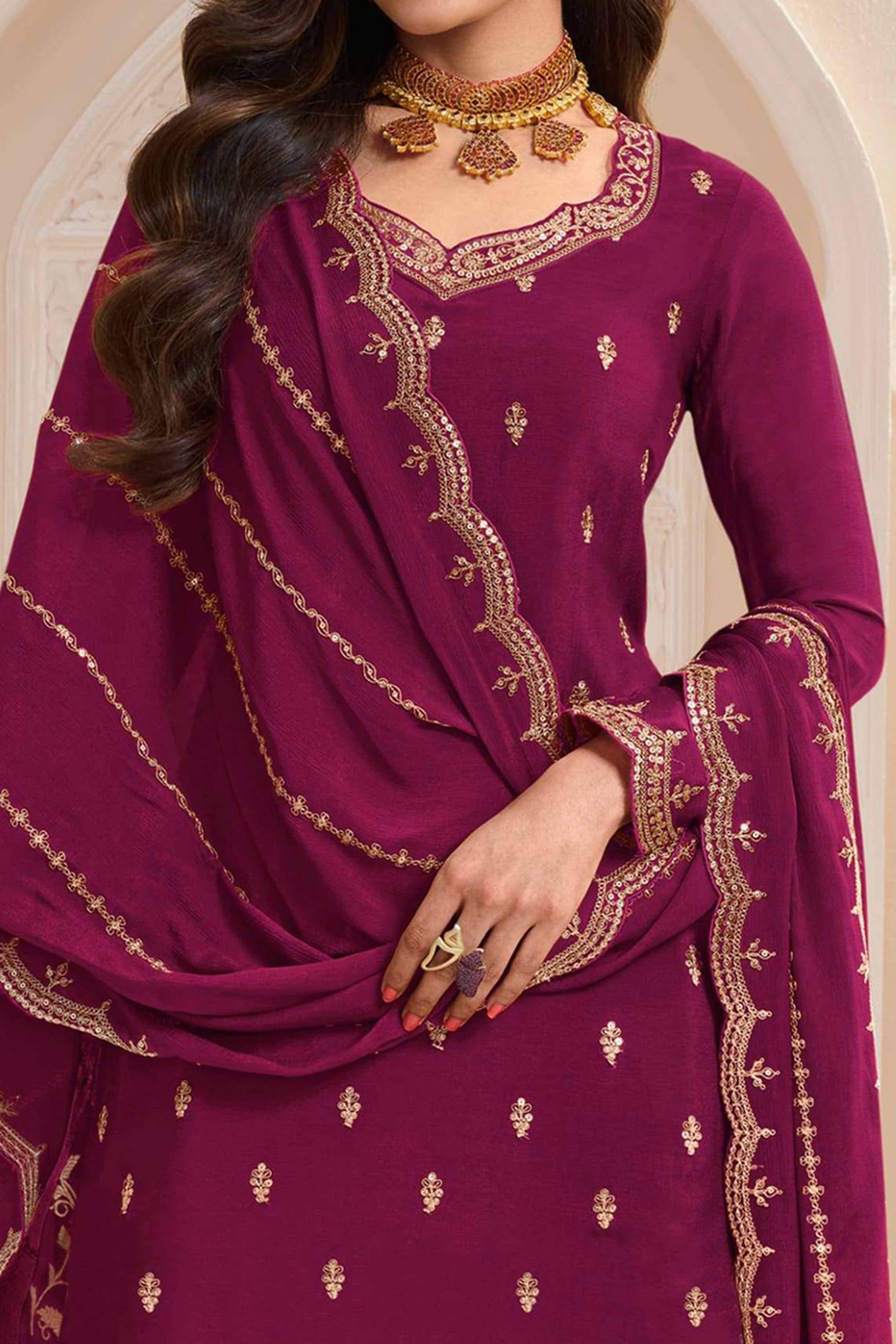 Dark Magenta Floral Sequins Embroidered Chinon Palazzo Suit - Image 2