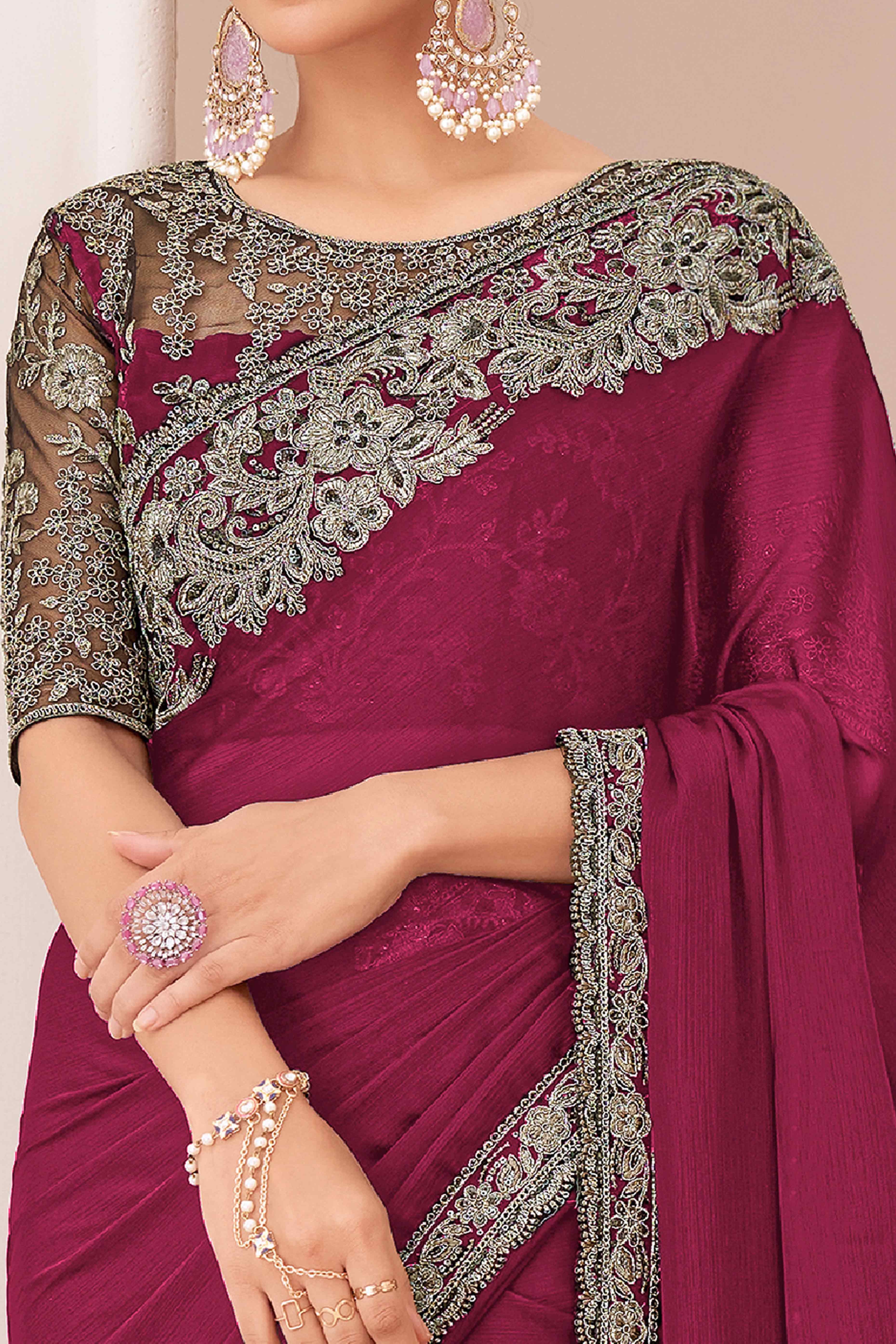 Dark Magenta Floral Sequins Embroidered Georgette Saree - Image 2