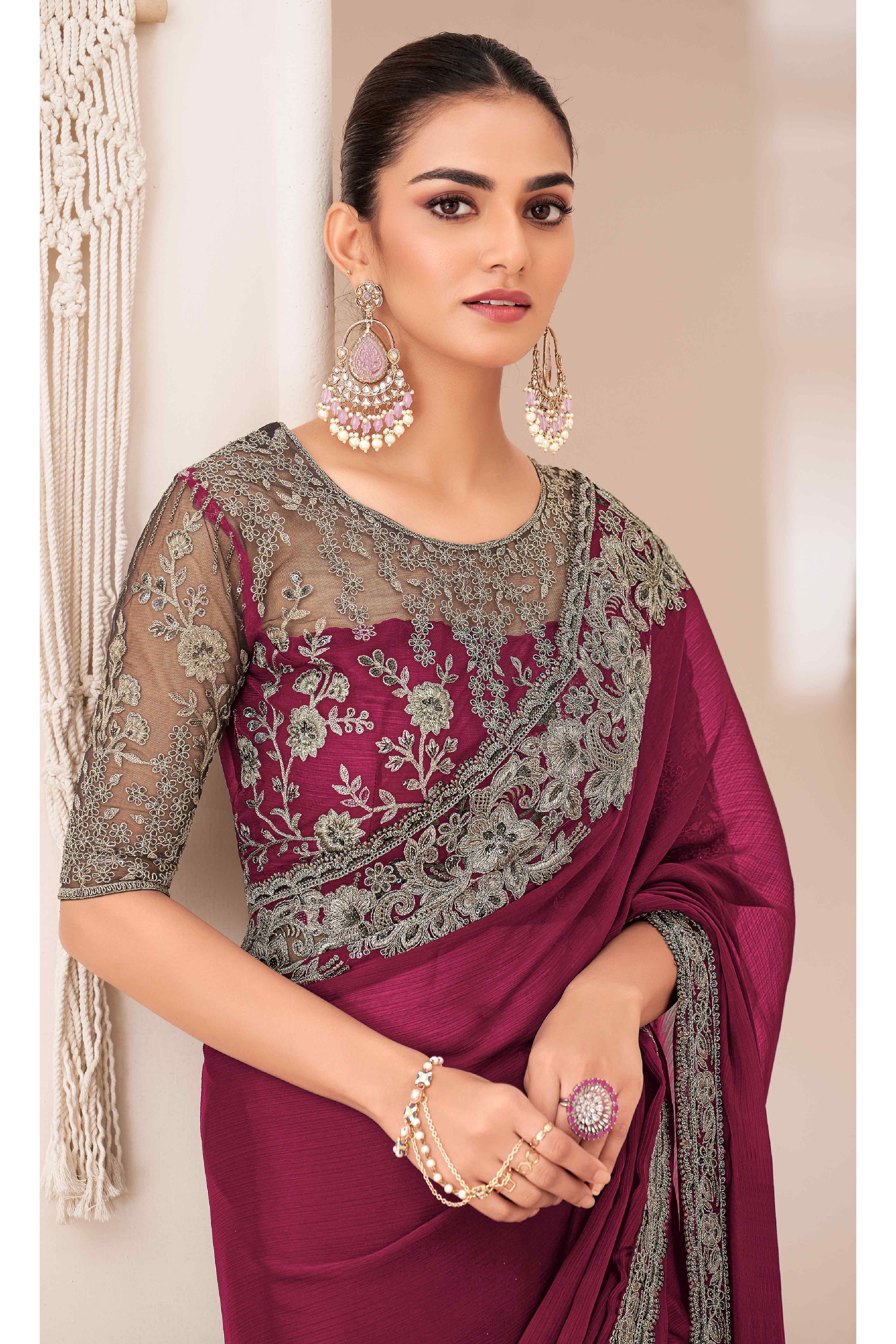 Dark Magenta Floral Sequins Embroidered Georgette Saree - Image 3