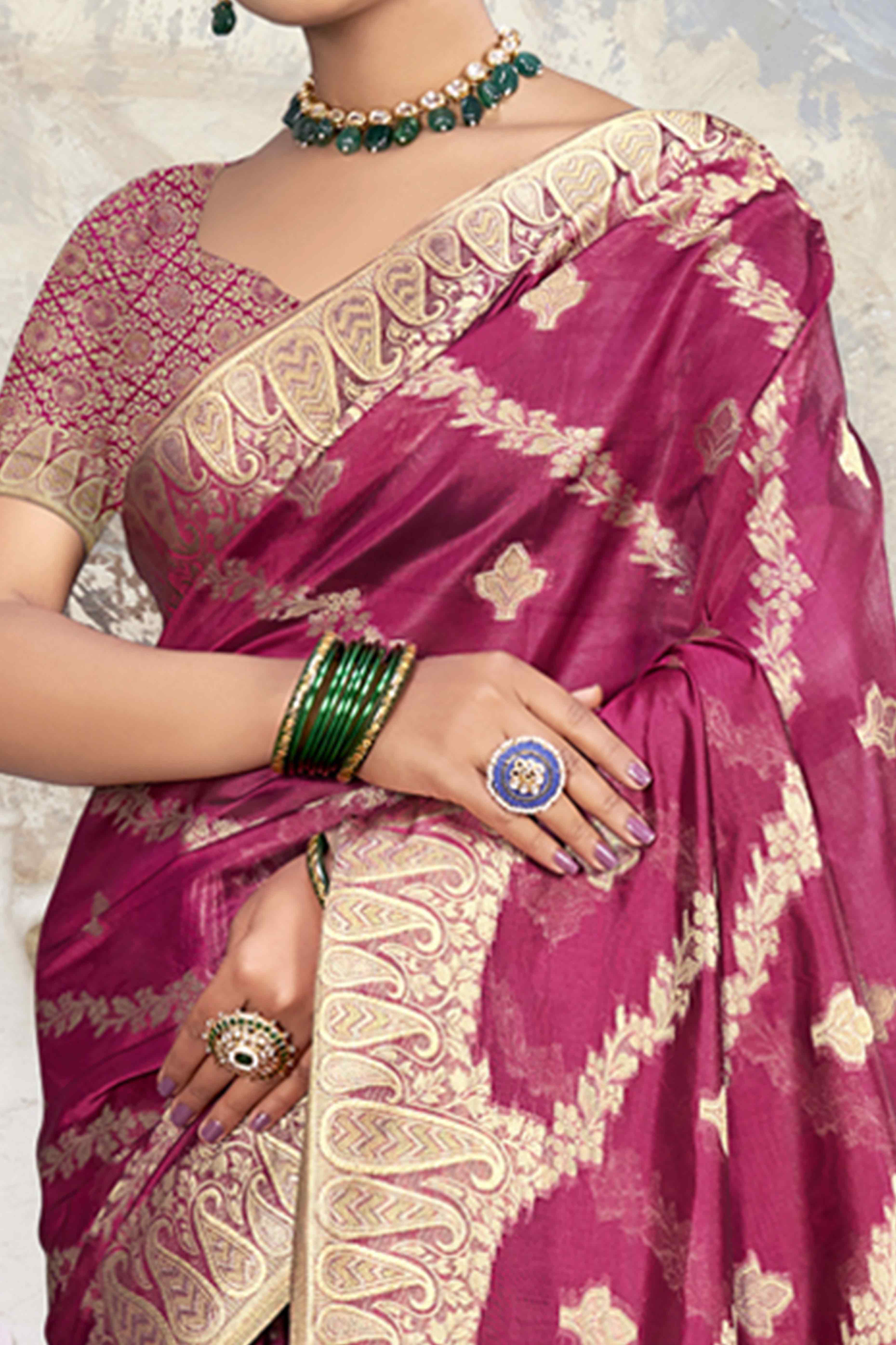 Dark Magenta Floral With Paisley Pattern Zari Woven Organza Saree - Image 2