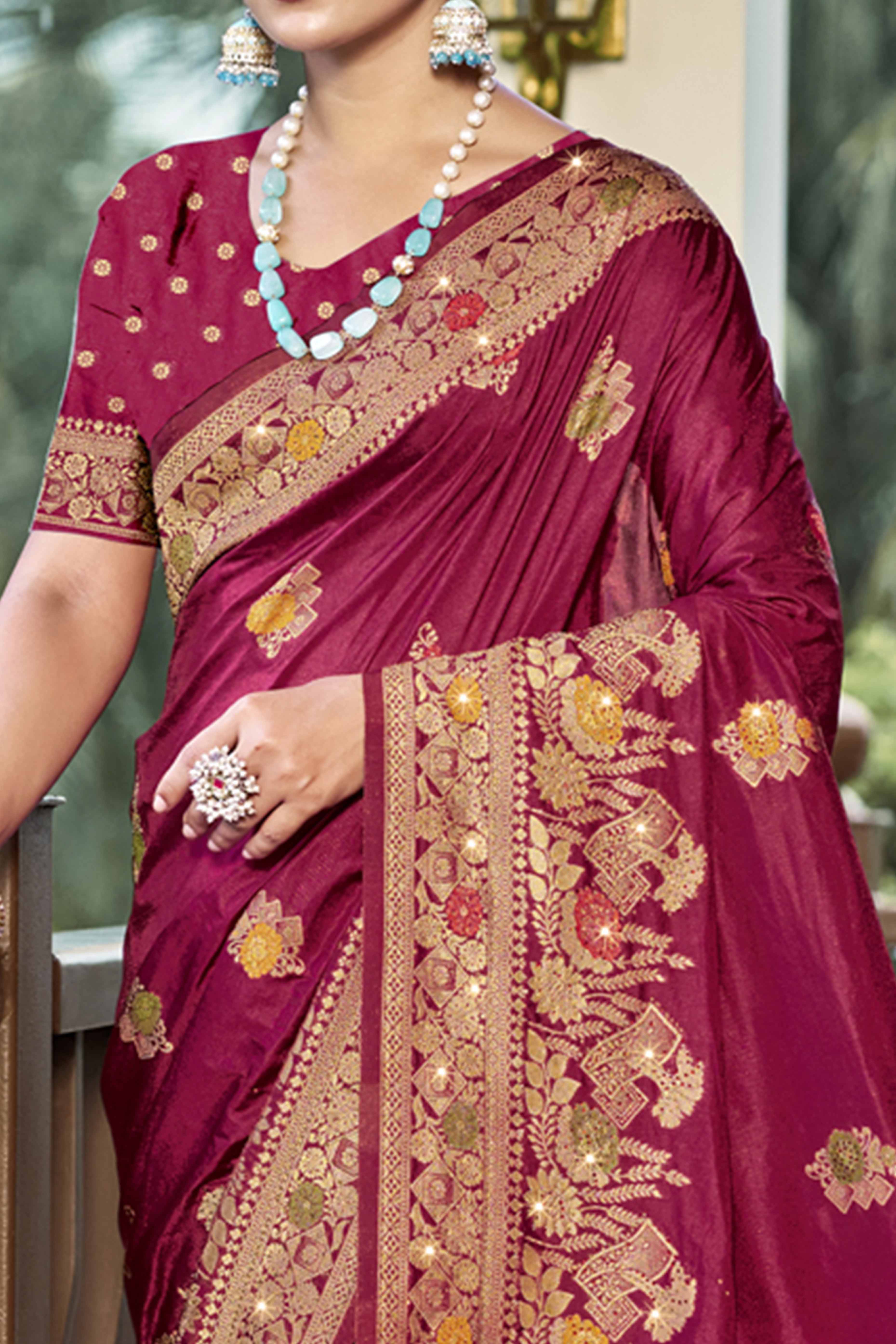 Dark Magenta Floral Woven With Swarovski Work Pure Silk Saree With Tassels - Image 2