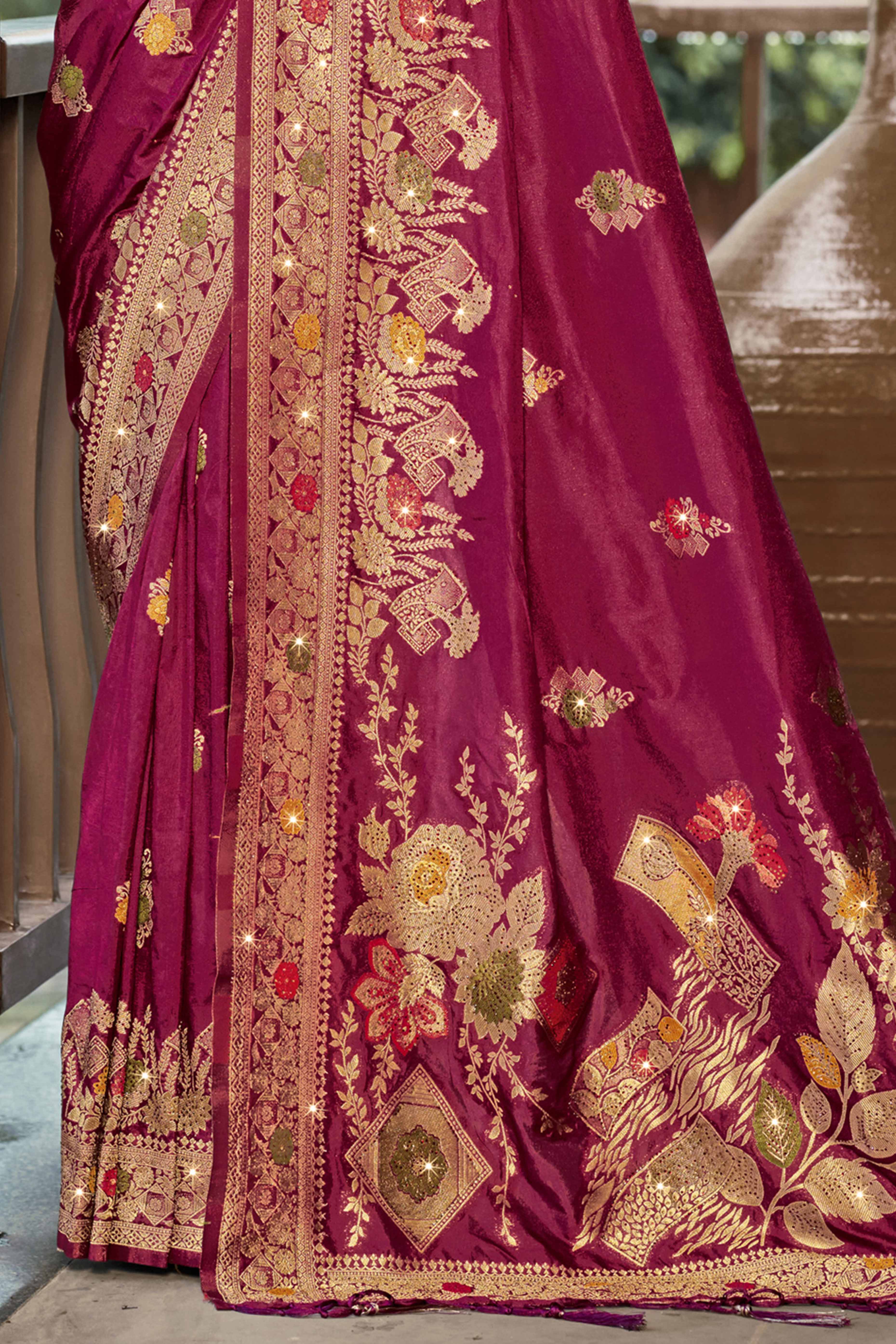 Dark Magenta Floral Woven With Swarovski Work Pure Silk Saree With Tassels - Image 4