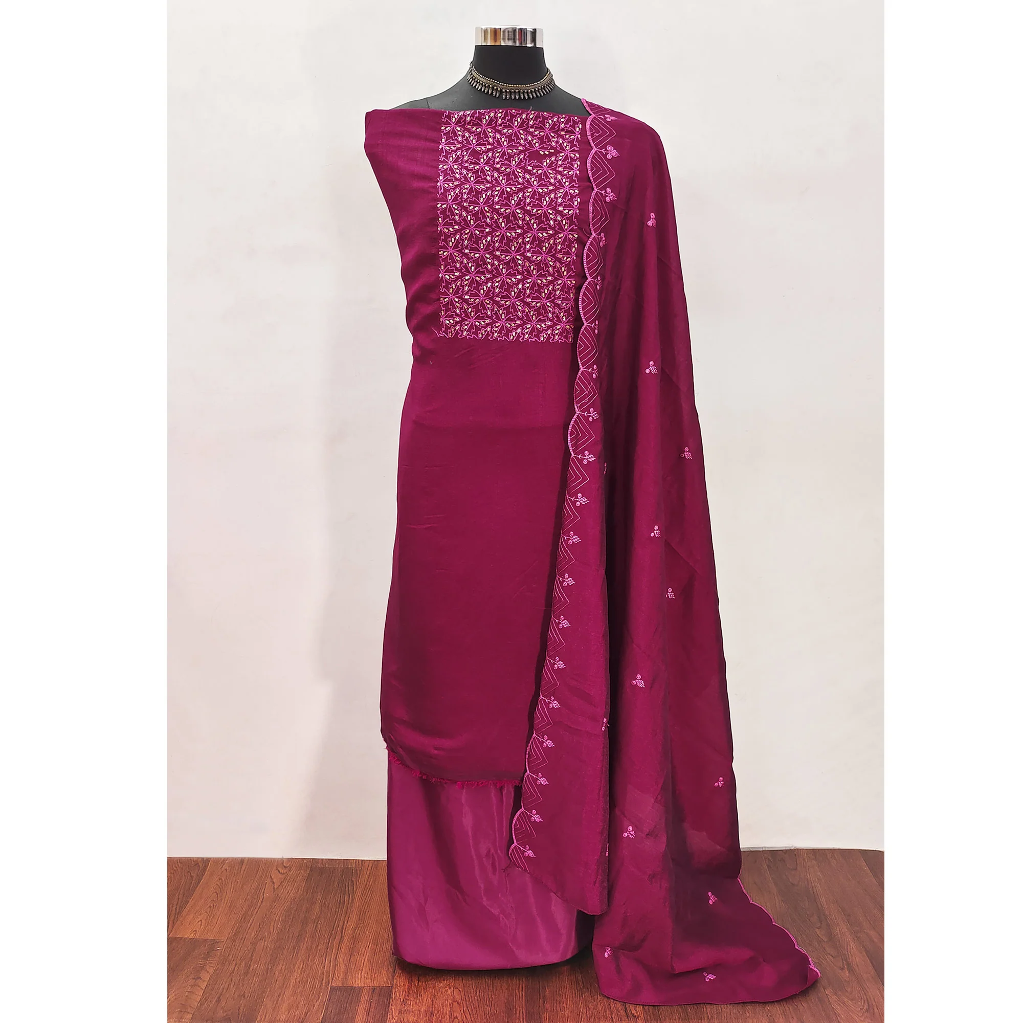 Dark Magenta Sequins Embroidered Vichitra Silk Dress Material - Image 3