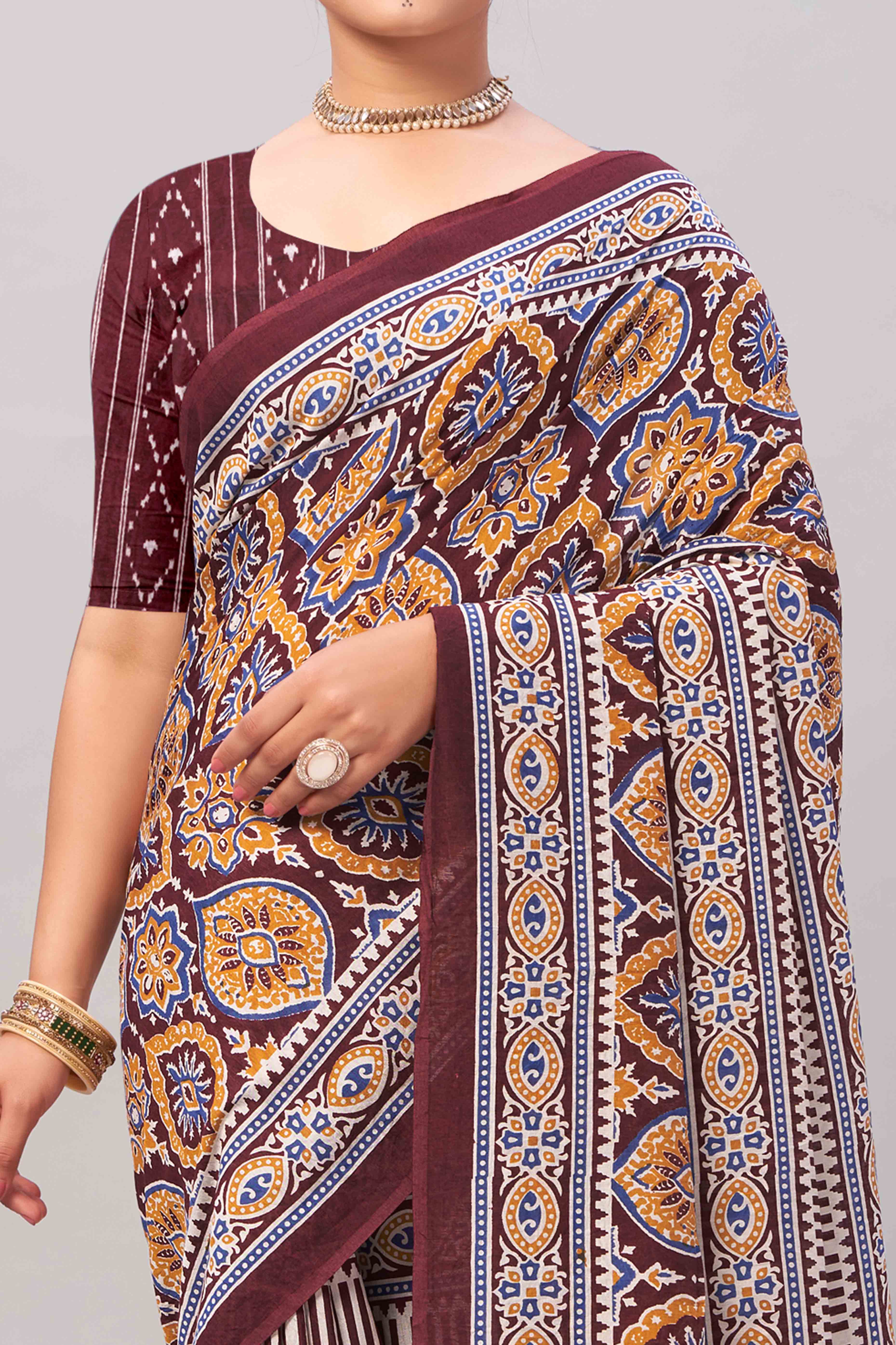 Dark Maroon Ajrakh Printed Cotton Blend Saree - Image 2