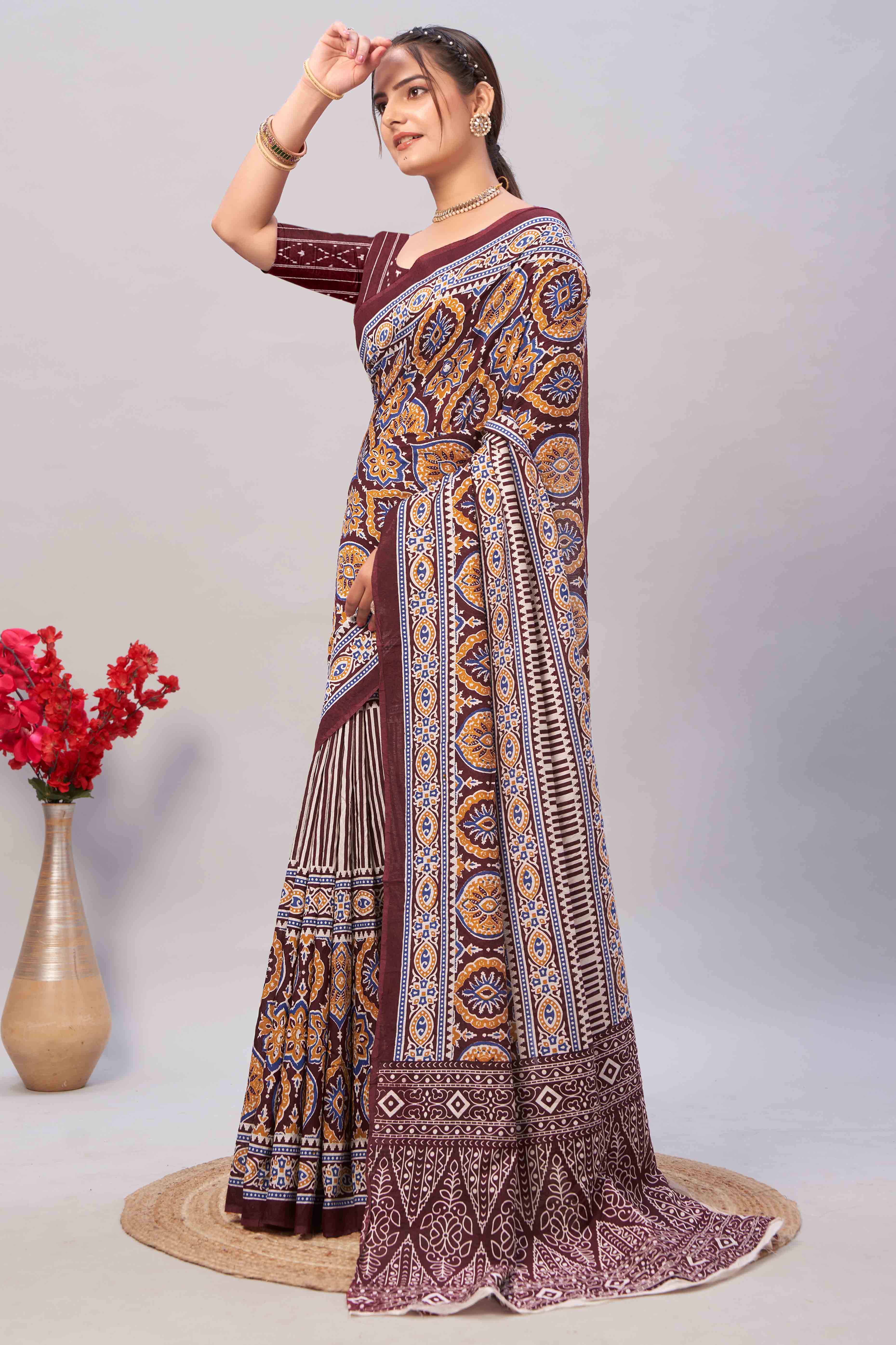 Dark Maroon Ajrakh Printed Cotton Blend Saree - Image 3
