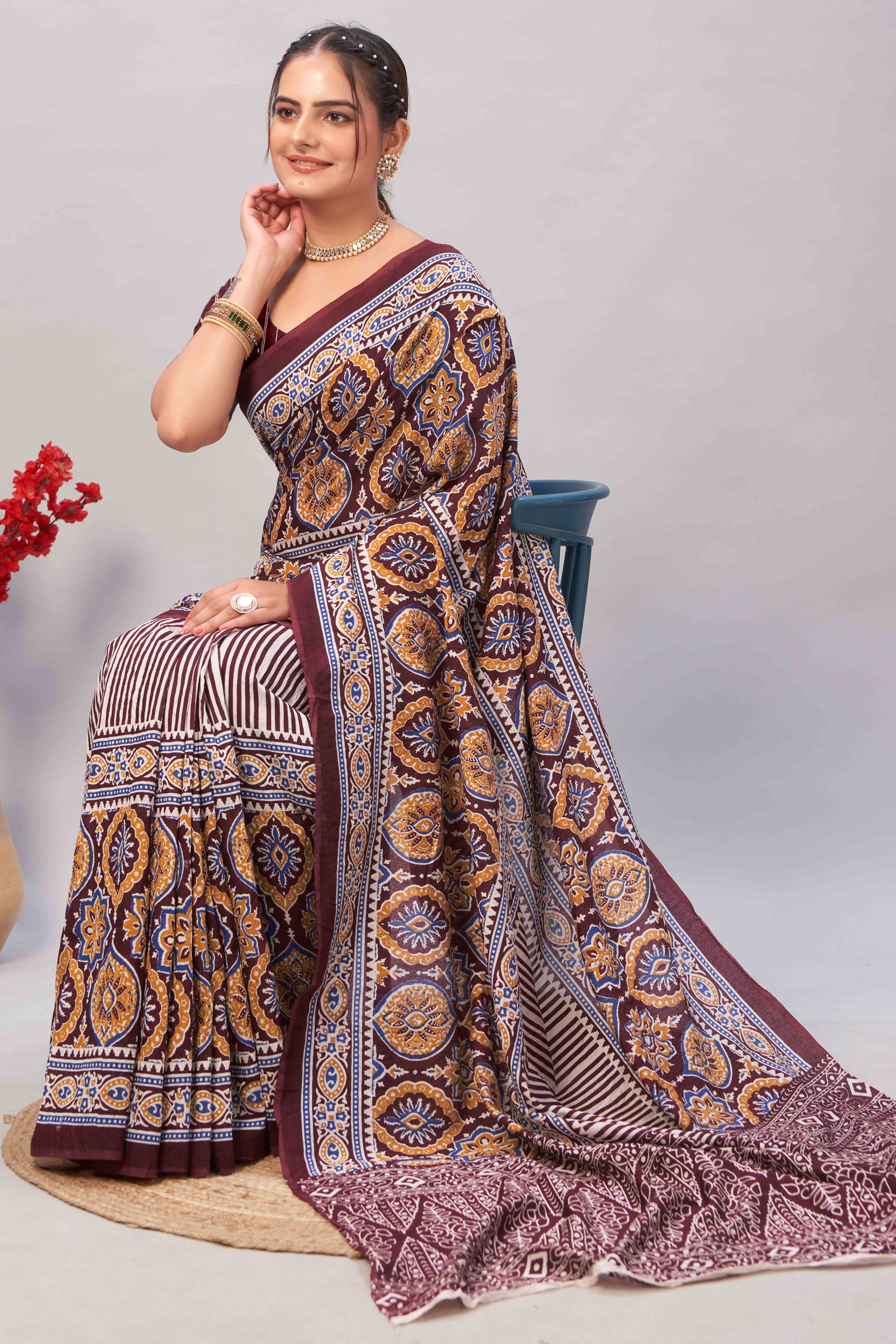 Dark Maroon Ajrakh Printed Cotton Blend Saree - Image 4